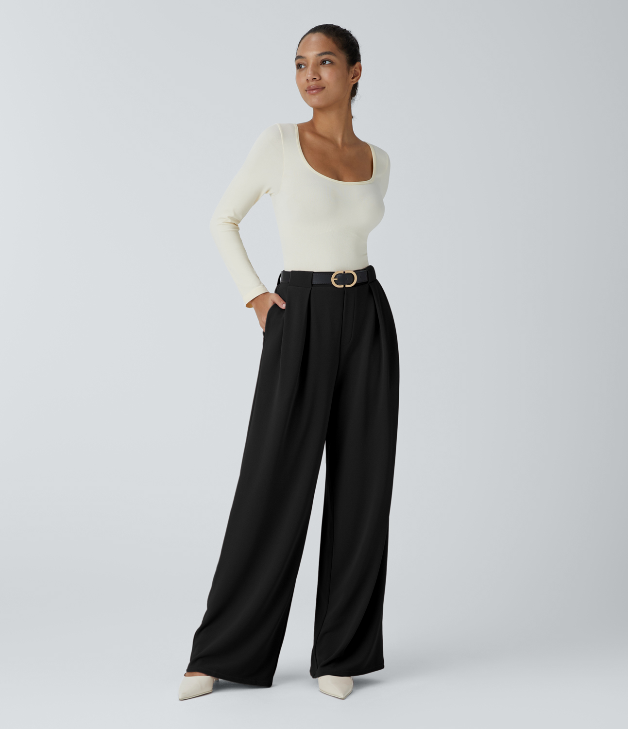 Halara High Waisted Decorative Button Plicated Side Pocket Wide Leg Waffle Work Pants  - Black - S(regular) sweatpants jogger pants 