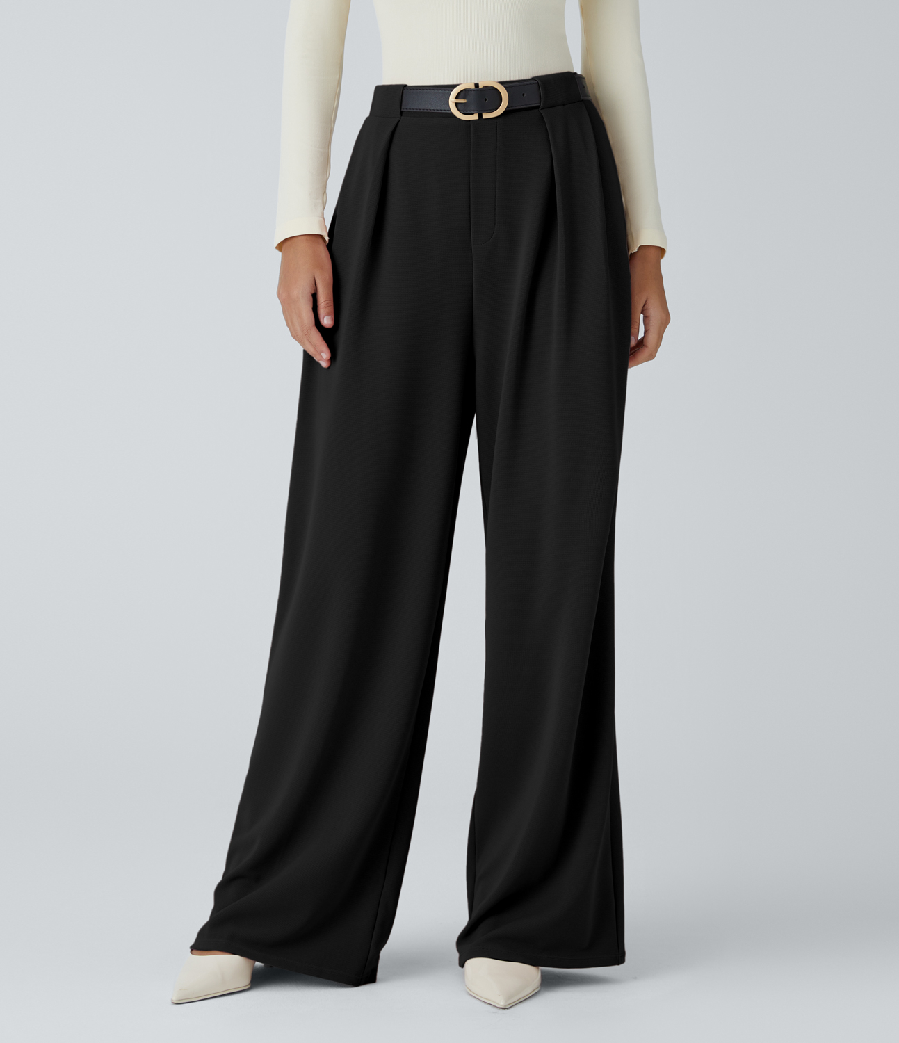 Halara High Waisted Decorative Button Plicated Side Pocket Wide Leg Waffle Work Pants  - Black - S(regular) sweatpants jogger pants 
