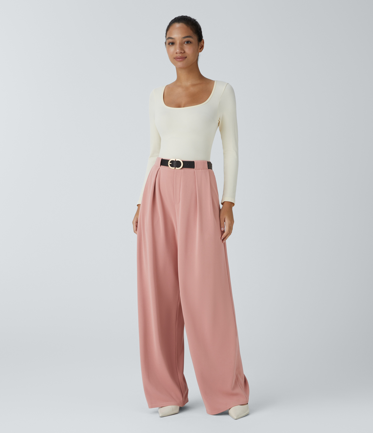 Halara High Waisted Decorative Button Plicated Side Pocket Wide Leg Waffle Work Pants  - Peach Beige - XS(regular) sweatpants jogger pants 