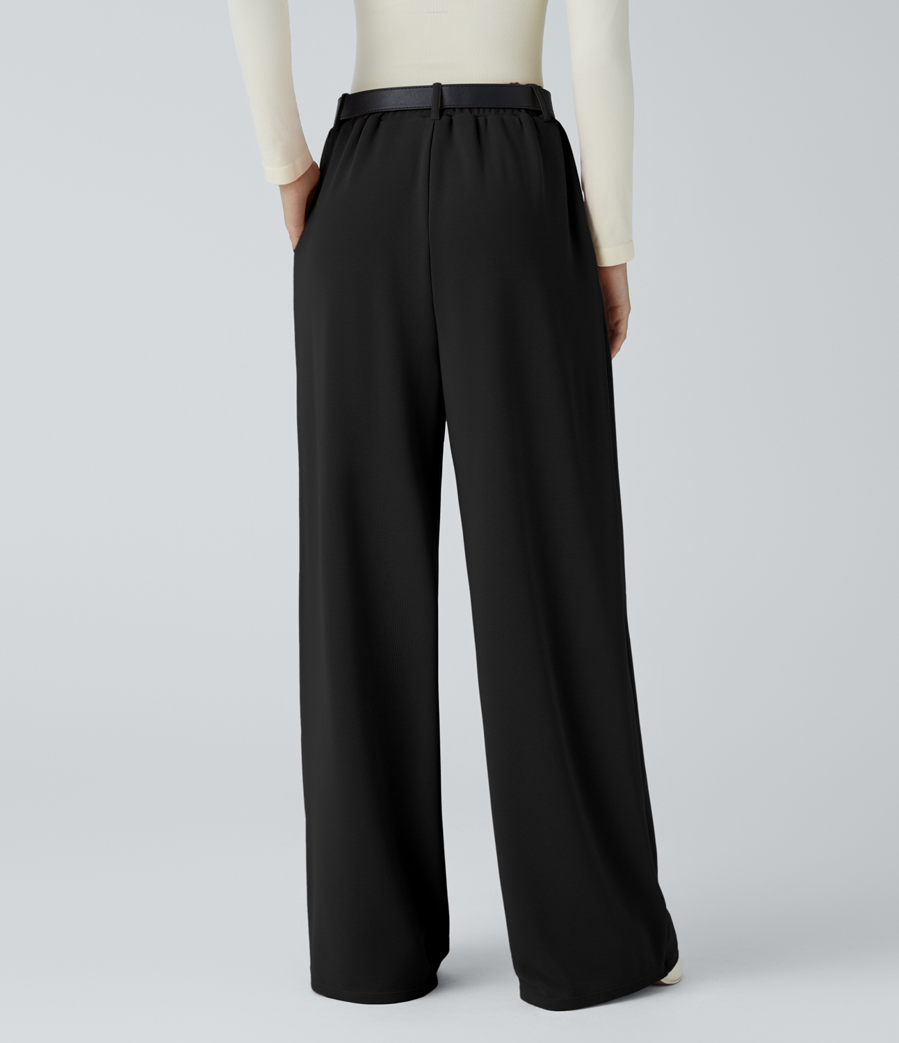 Halara High Waisted Decorative Button Plicated Side Pocket Wide Leg Waffle Work Pants  - Black - S(regular) sweatpants jogger pants 
