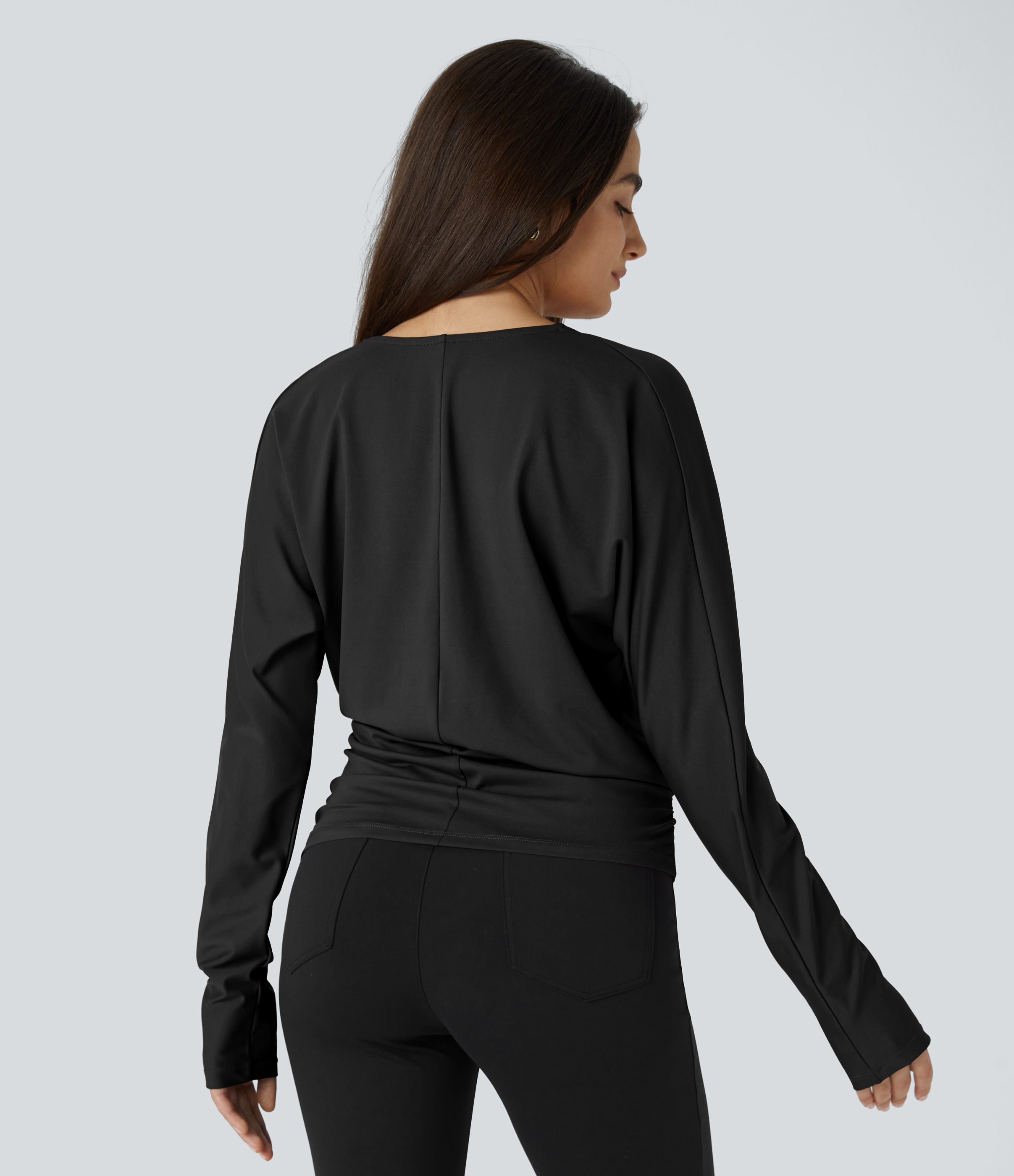 Halara V Neck Long Sleeve Crossover Ruched Solid Work Top Tank Top - Black - XL golf tops halter top tunic tops sleeveless tops backless top 