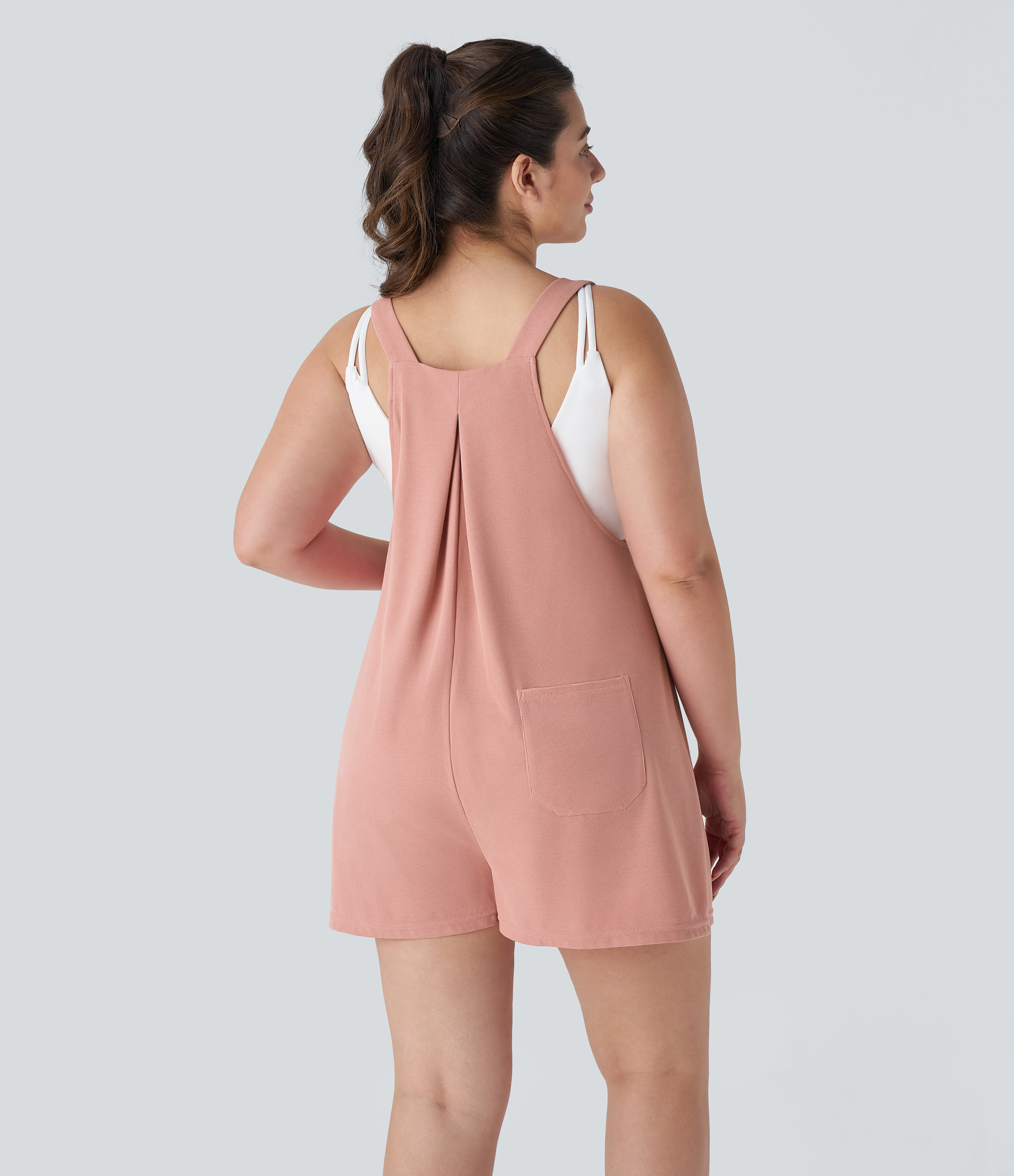 Rose Tan Overol Gofre talla grande correa ajustable botón múltiple bolsillo plisado / 2