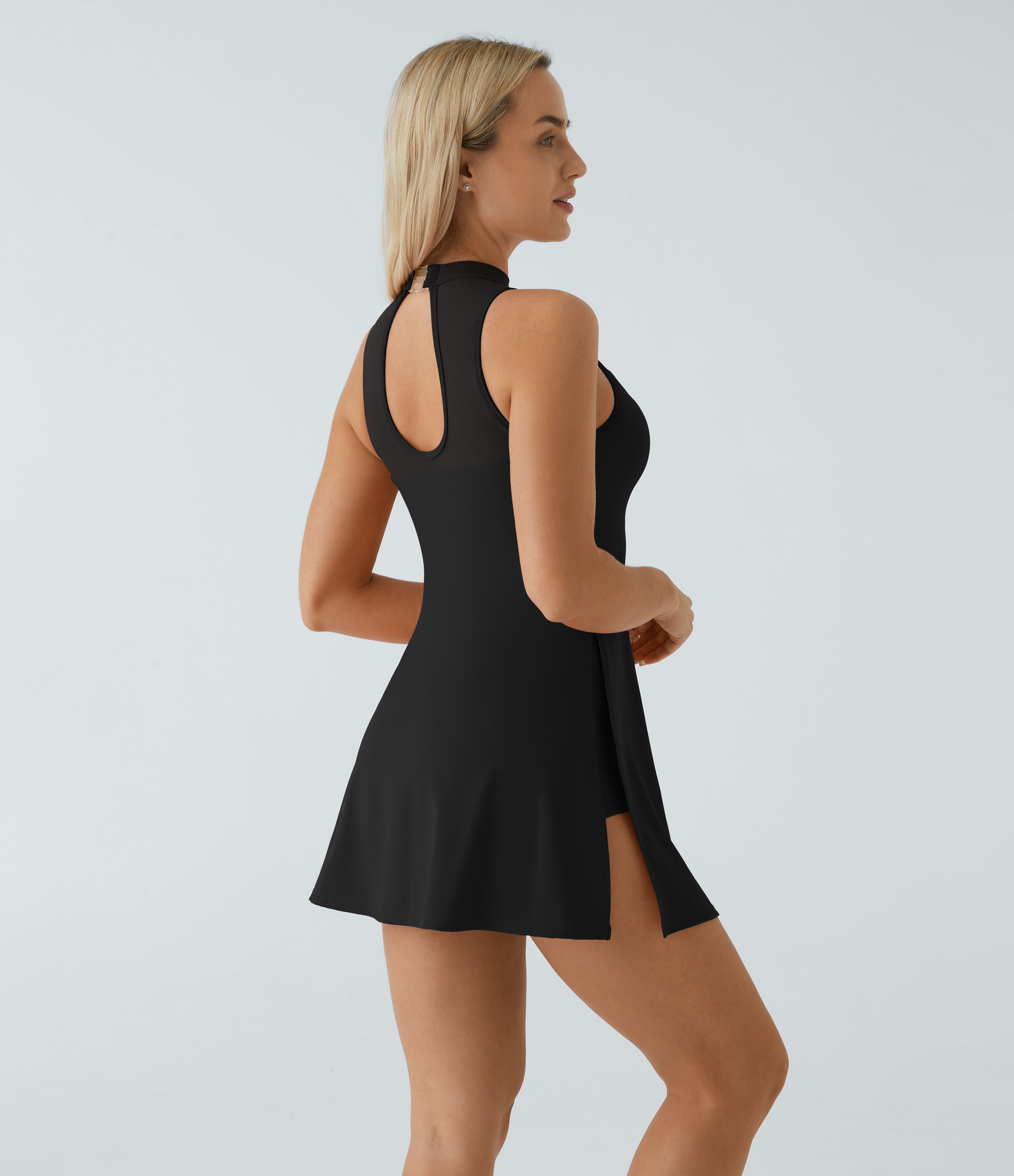 Halara Contrast Mesh Buckle Cut Out Split 2-in-1 Side Pocket Dance Dress-Easy Peezy Workout Dress - Black - M 