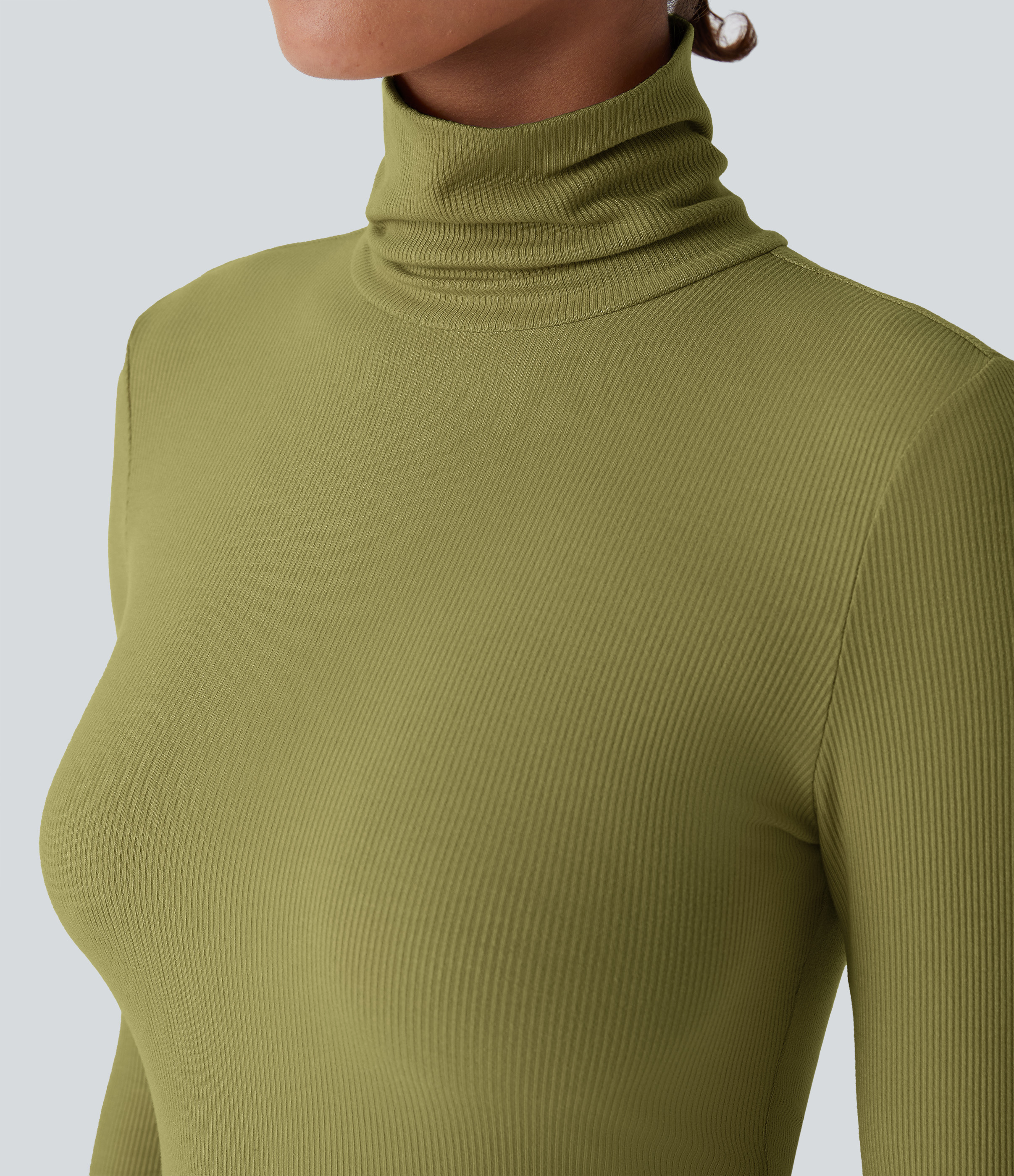 Halara Ribbed Knit High Collar Long Sleeve Casual Top Tank Top - Green Olive - S golf tops halter top tunic tops sleeveless tops backless top 