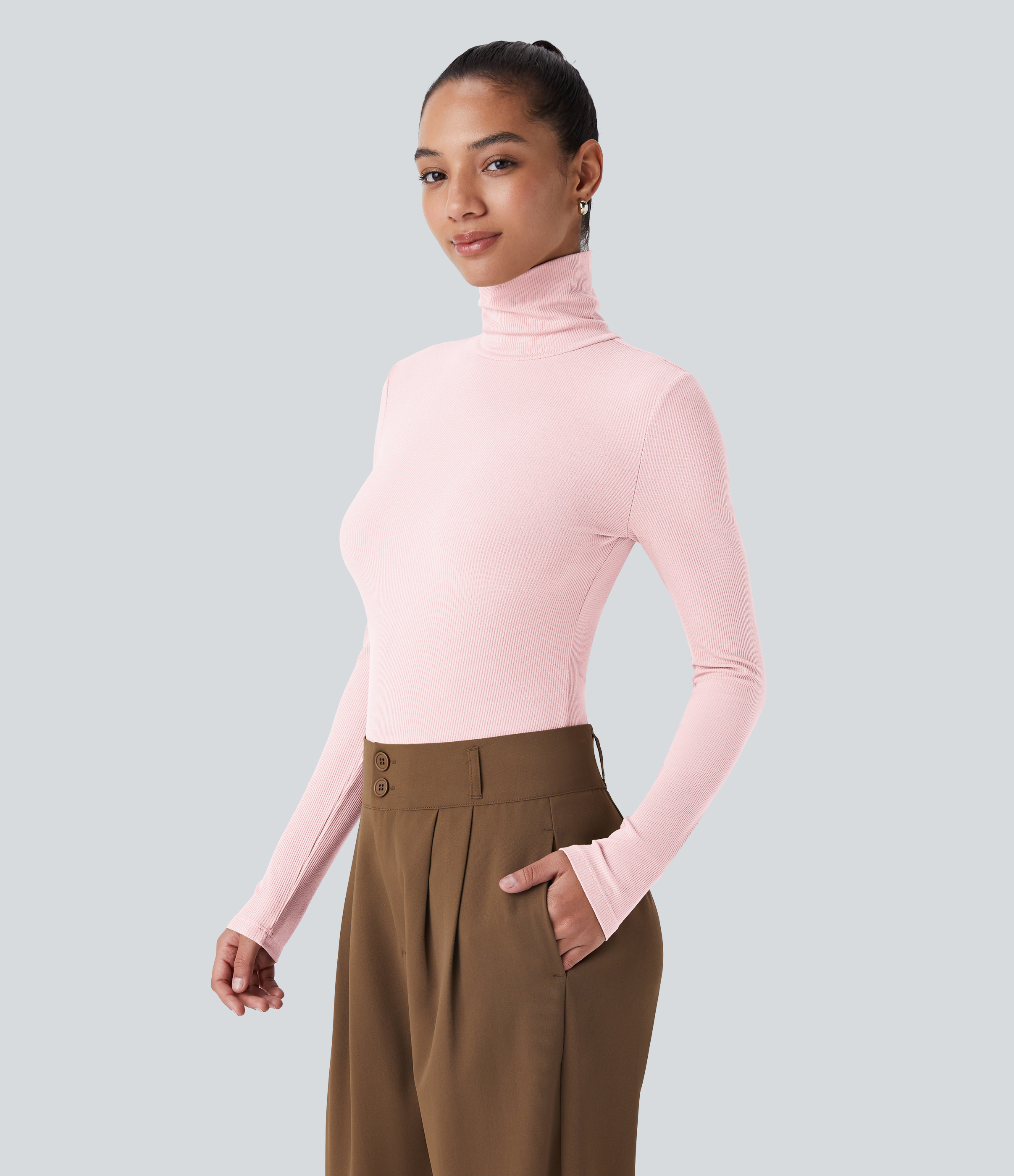 Halara Ribbed Knit High Collar Long Sleeve Casual Top Tank Top - Rose Haze Pink - M golf tops halter top tunic tops sleeveless tops 