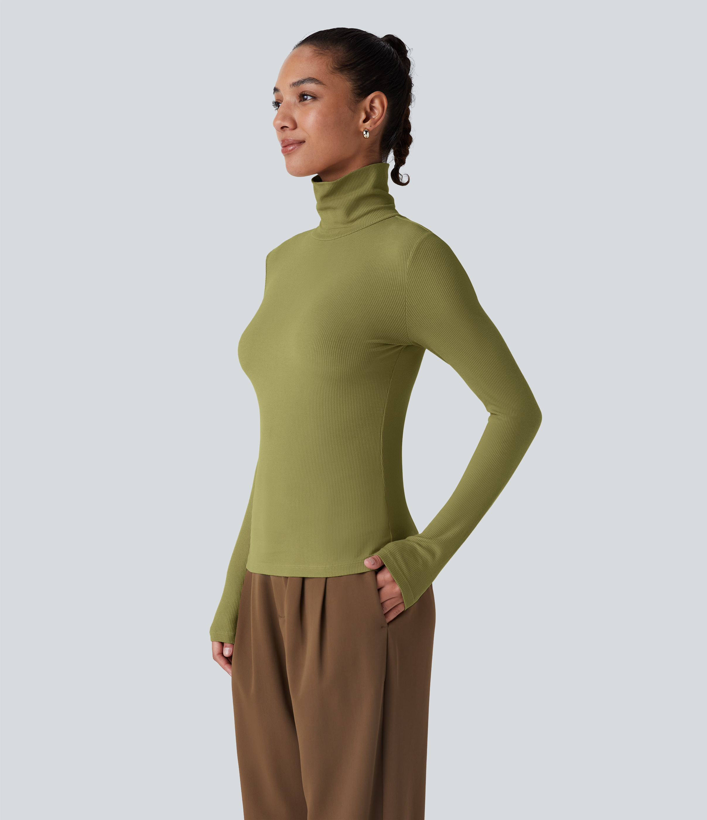 Halara Ribbed Knit High Collar Long Sleeve Casual Top Tank Top - Green Olive - S golf tops halter top tunic tops sleeveless tops backless top 