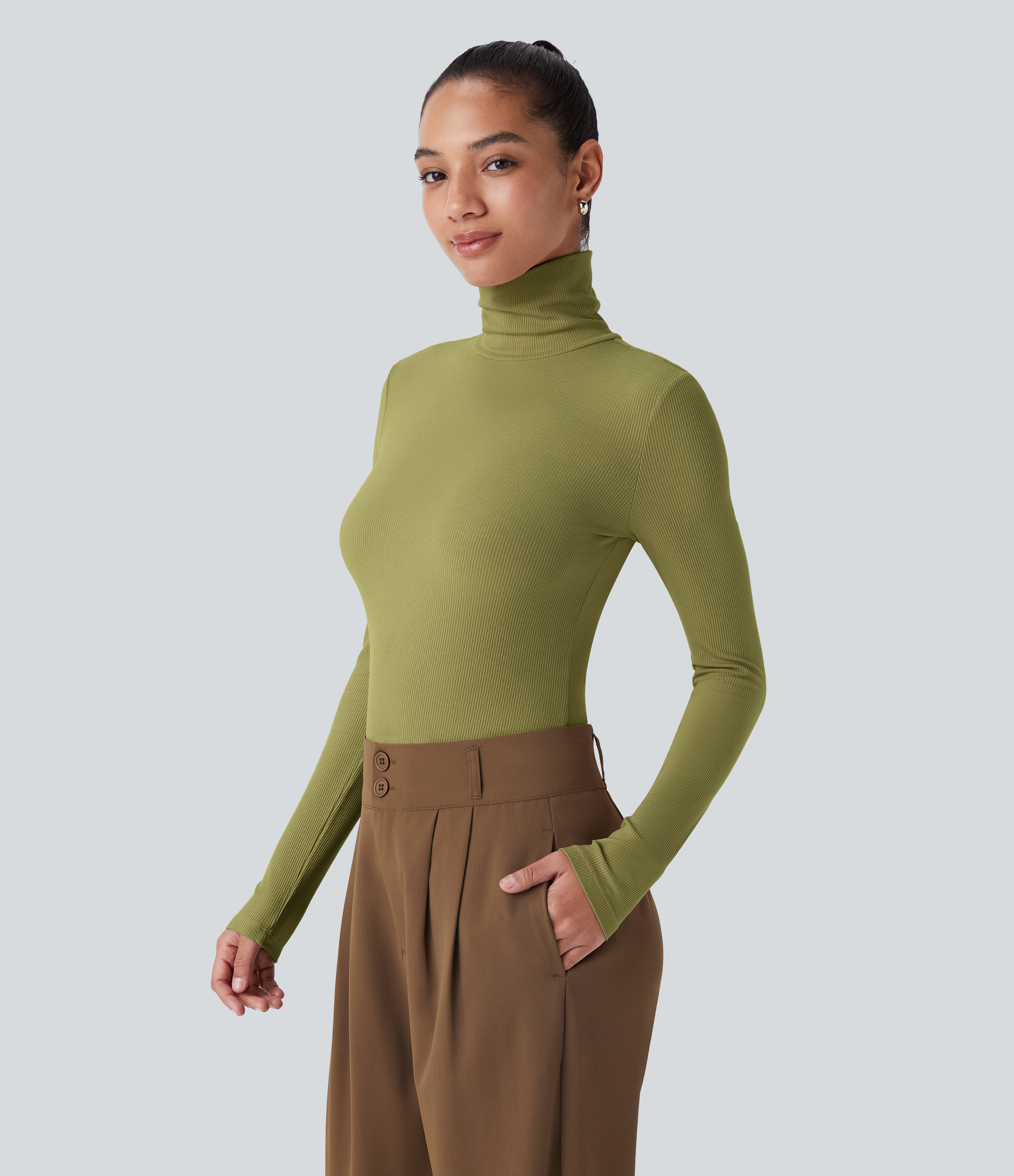 Halara Ribbed Knit High Collar Long Sleeve Casual Top Tank Top - Green Olive - S golf tops halter top tunic tops sleeveless tops backless top 