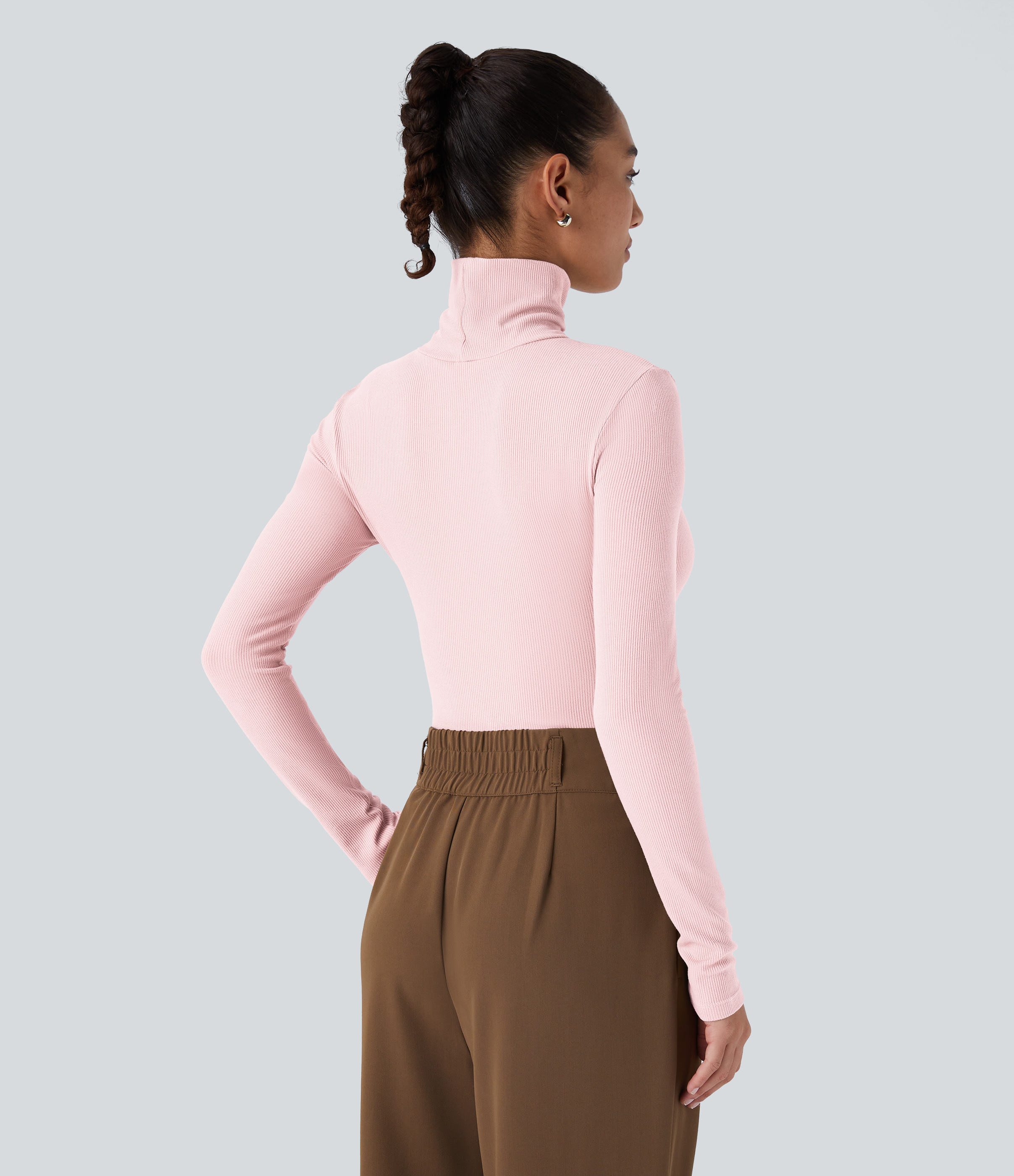 Halara Ribbed Knit High Collar Long Sleeve Casual Top Tank Top - Rose Haze Pink - M golf tops halter top tunic tops sleeveless tops 