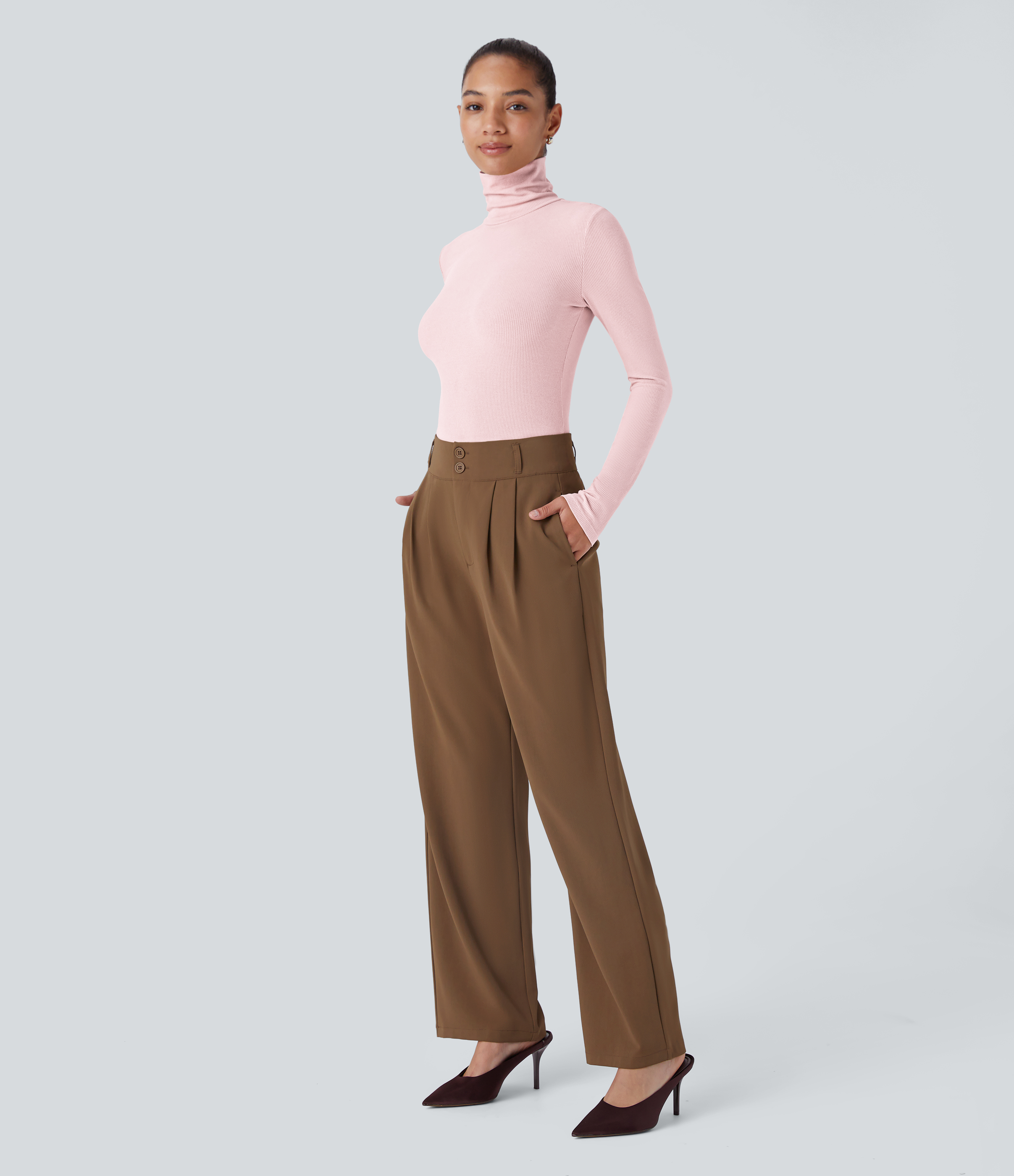 Halara Ribbed Knit High Collar Long Sleeve Casual Top Tank Top - Rose Haze Pink - M golf tops halter top tunic tops sleeveless tops 