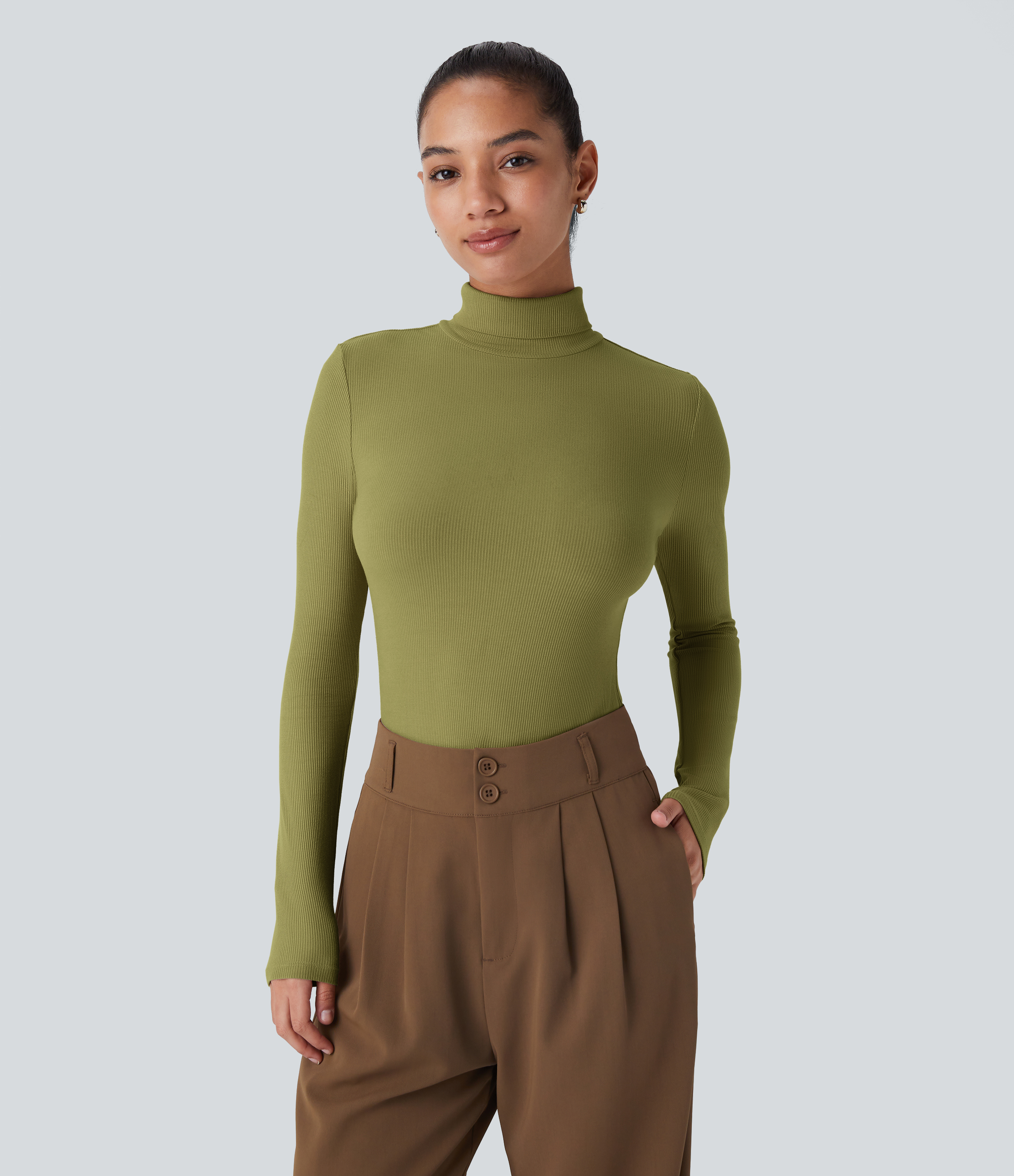 Halara Ribbed Knit High Collar Long Sleeve Casual Top Tank Top - Green Olive - S golf tops halter top tunic tops sleeveless tops backless top 