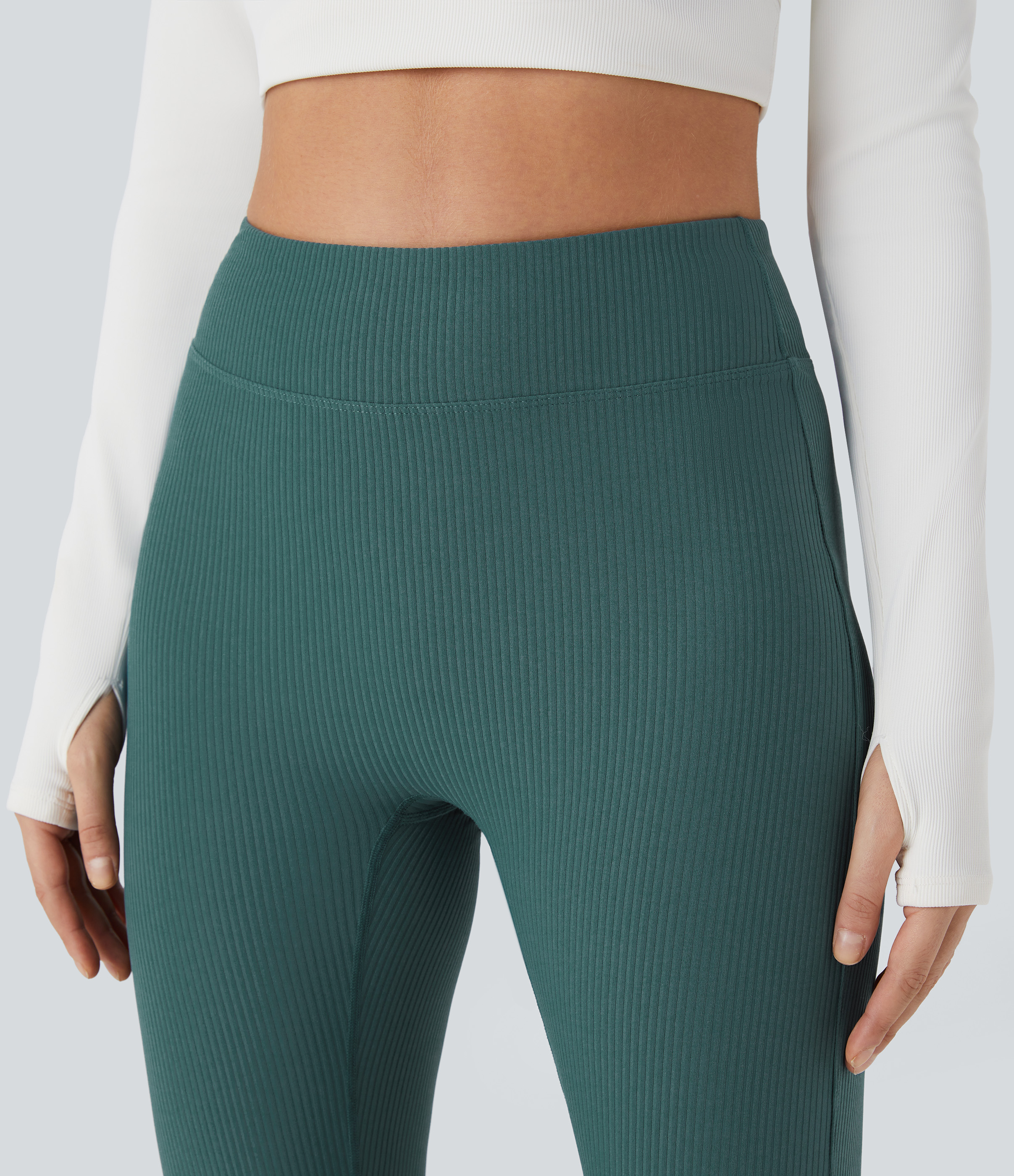 Halara Ribbed High Waisted Split Flared Yoga Full Length Leggings  - Viridian - L gym leggings leggings with pockets leggings with butt lift 