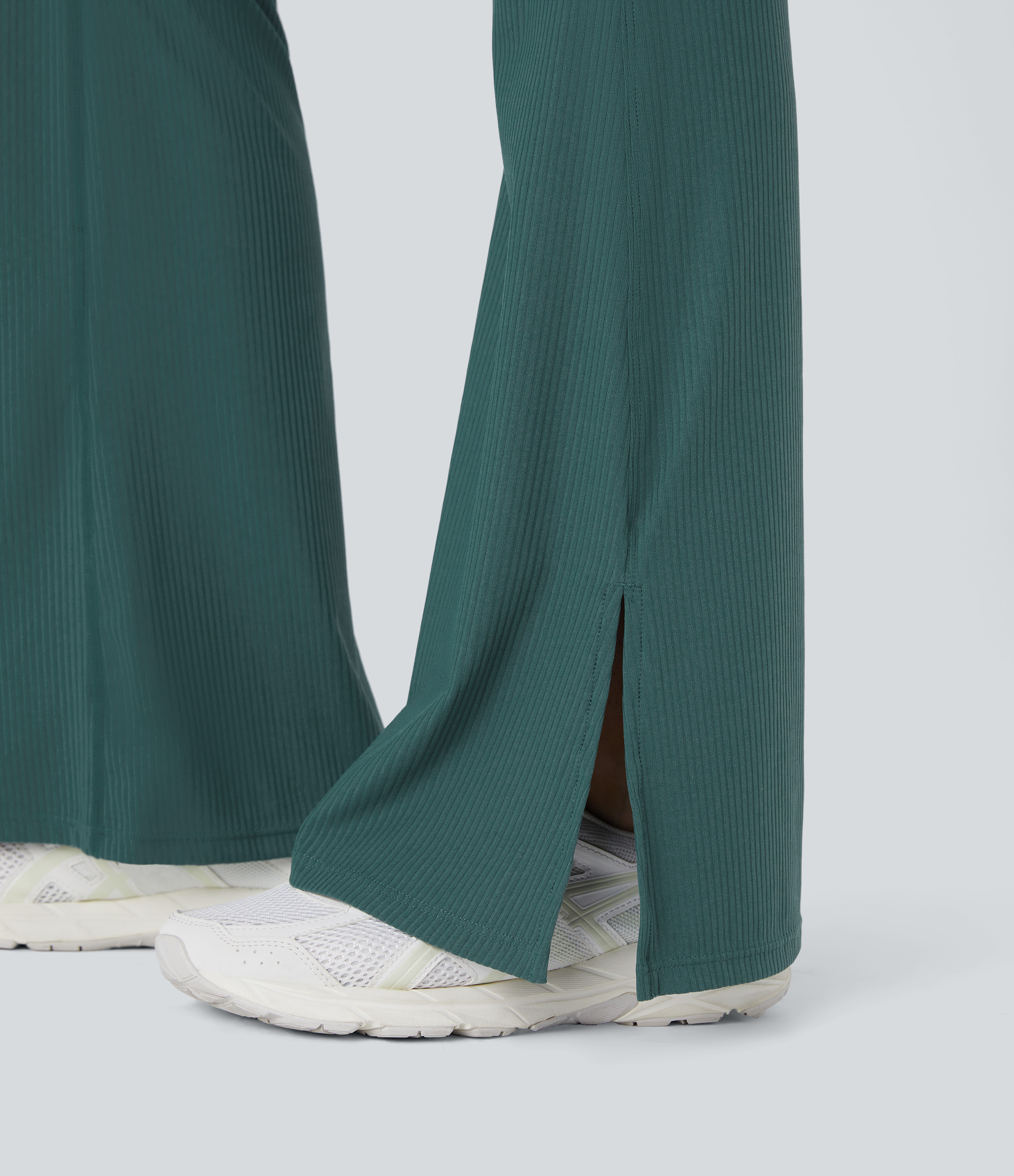 Halara Ribbed High Waisted Split Flared Yoga Full Length Leggings  - Viridian - L gym leggings leggings with pockets leggings with butt lift 
