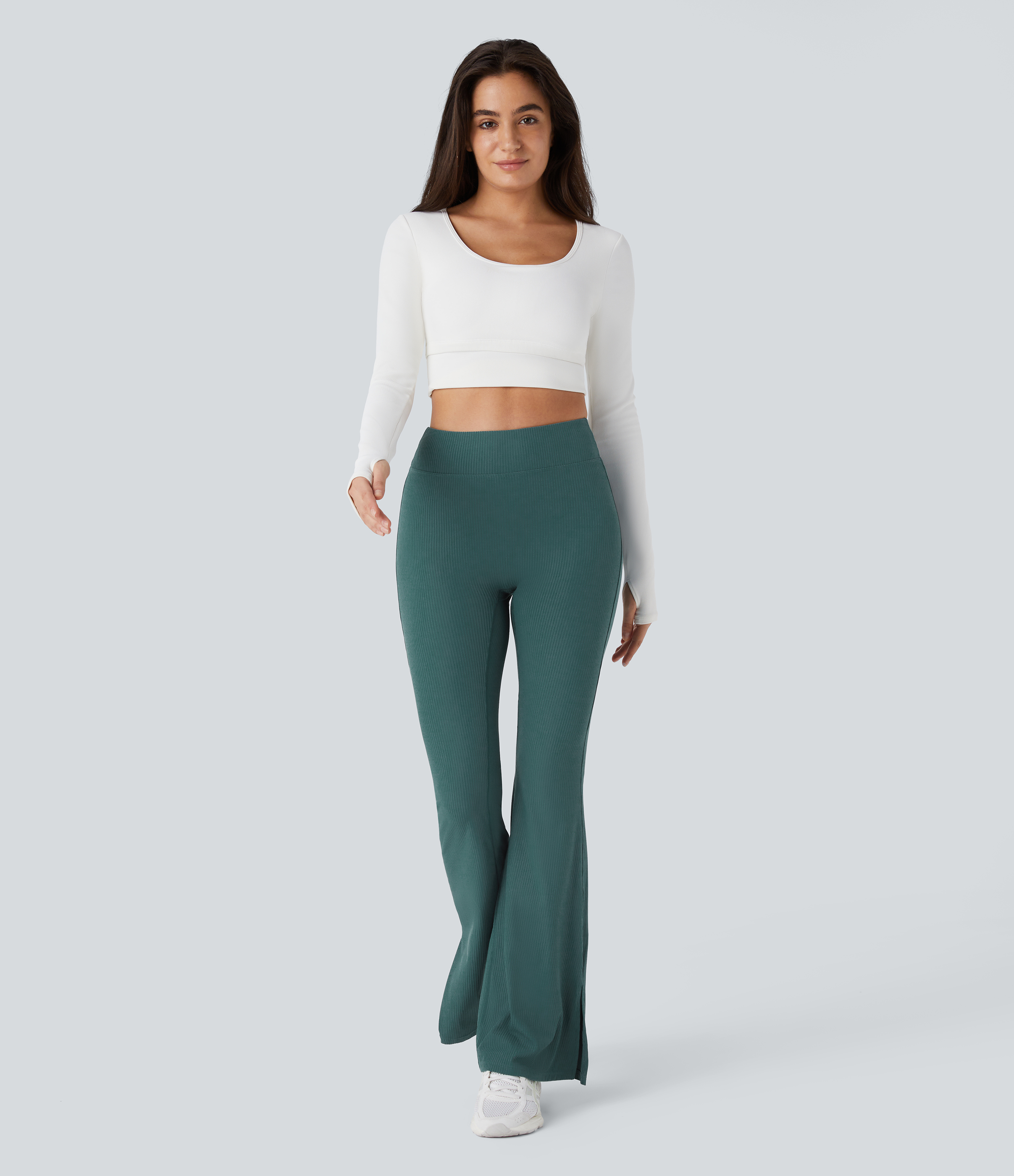 Halara Ribbed High Waisted Split Flared Yoga Full Length Leggings  - Viridian - L gym leggings leggings with pockets leggings with butt lift 