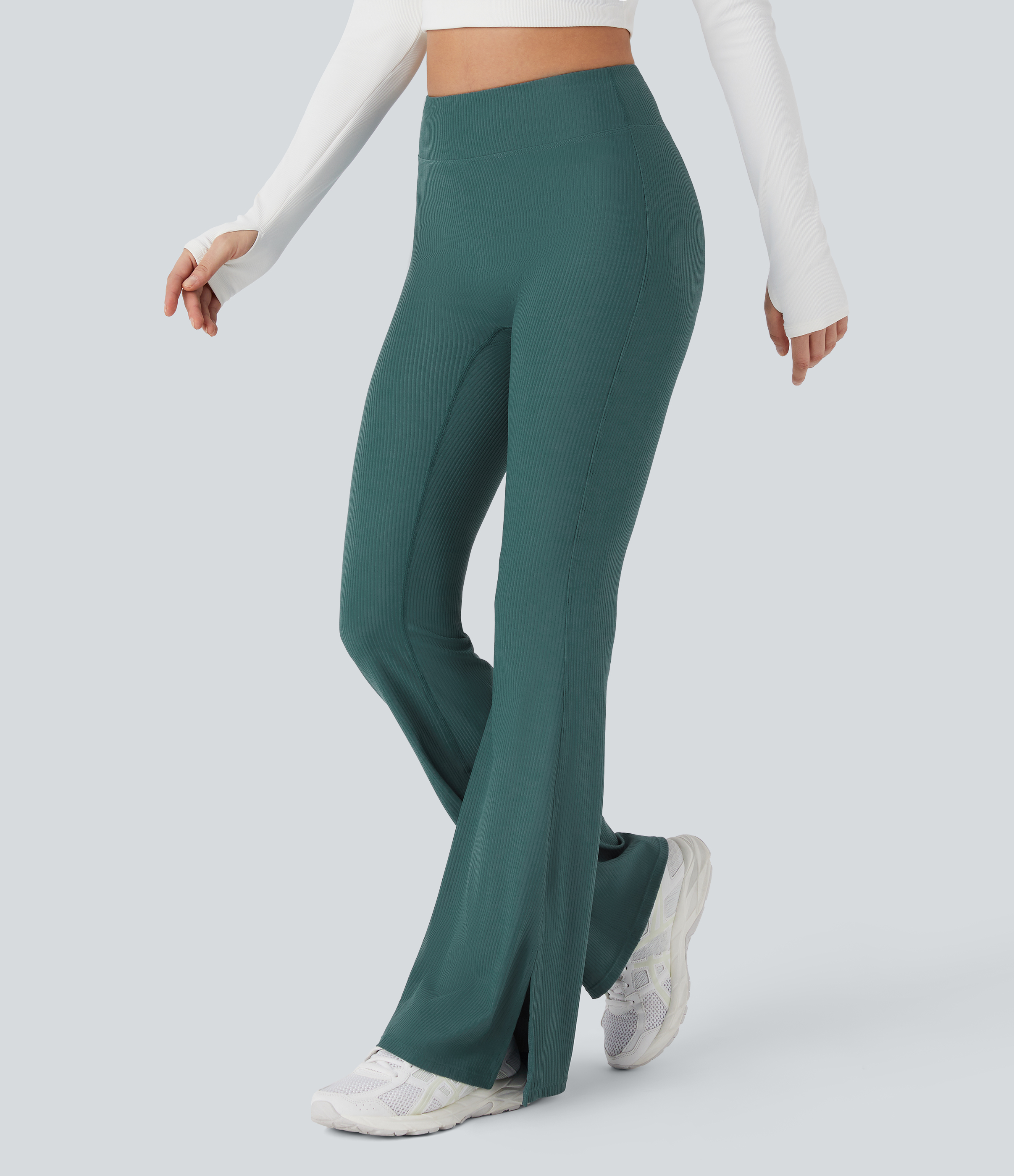 Halara Ribbed High Waisted Split Flared Yoga Full Length Leggings  - Viridian - L gym leggings leggings with pockets leggings with butt lift 