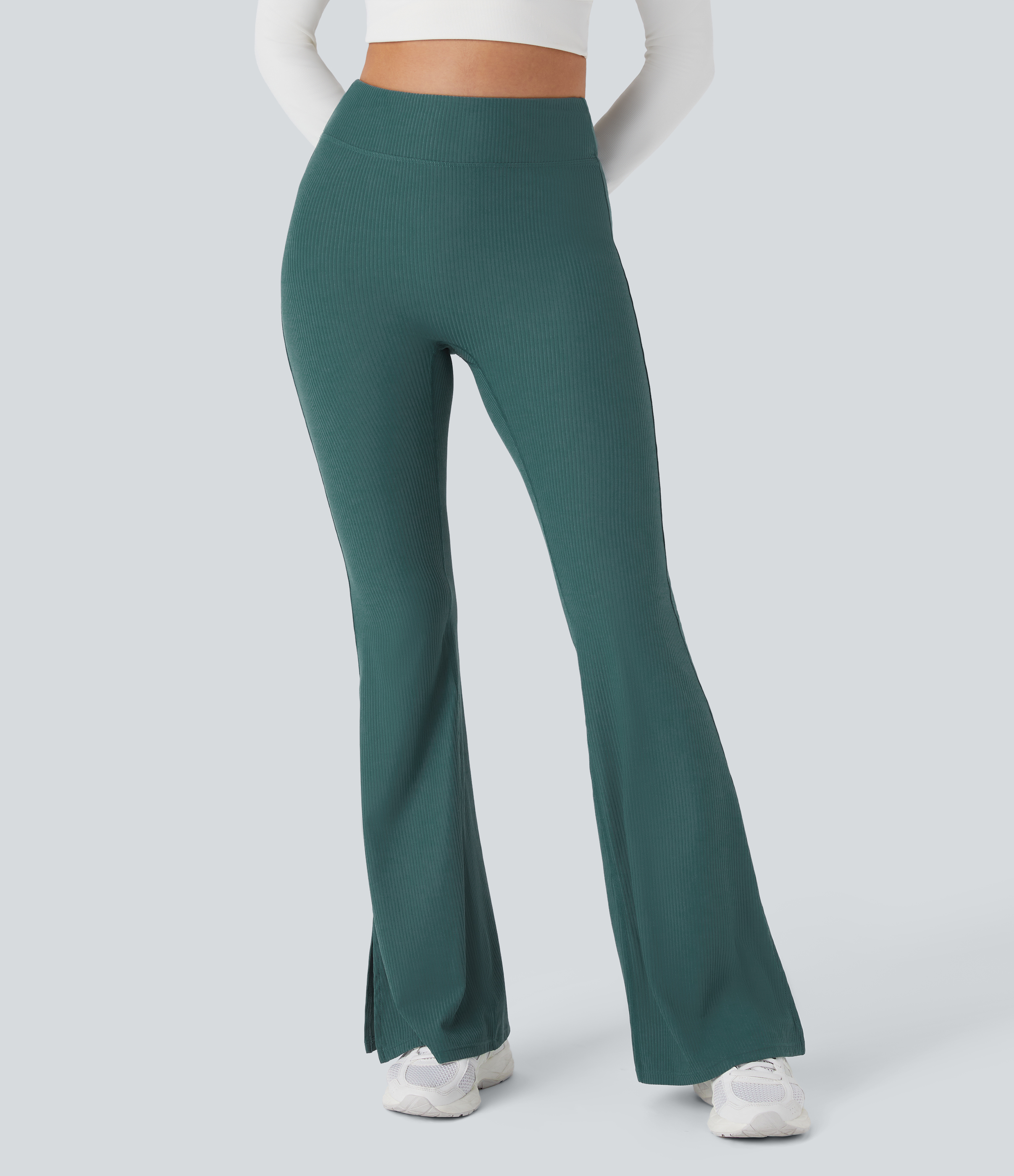 Halara Ribbed High Waisted Split Flared Yoga Full Length Leggings  - Viridian - L gym leggings leggings with pockets leggings with butt lift 