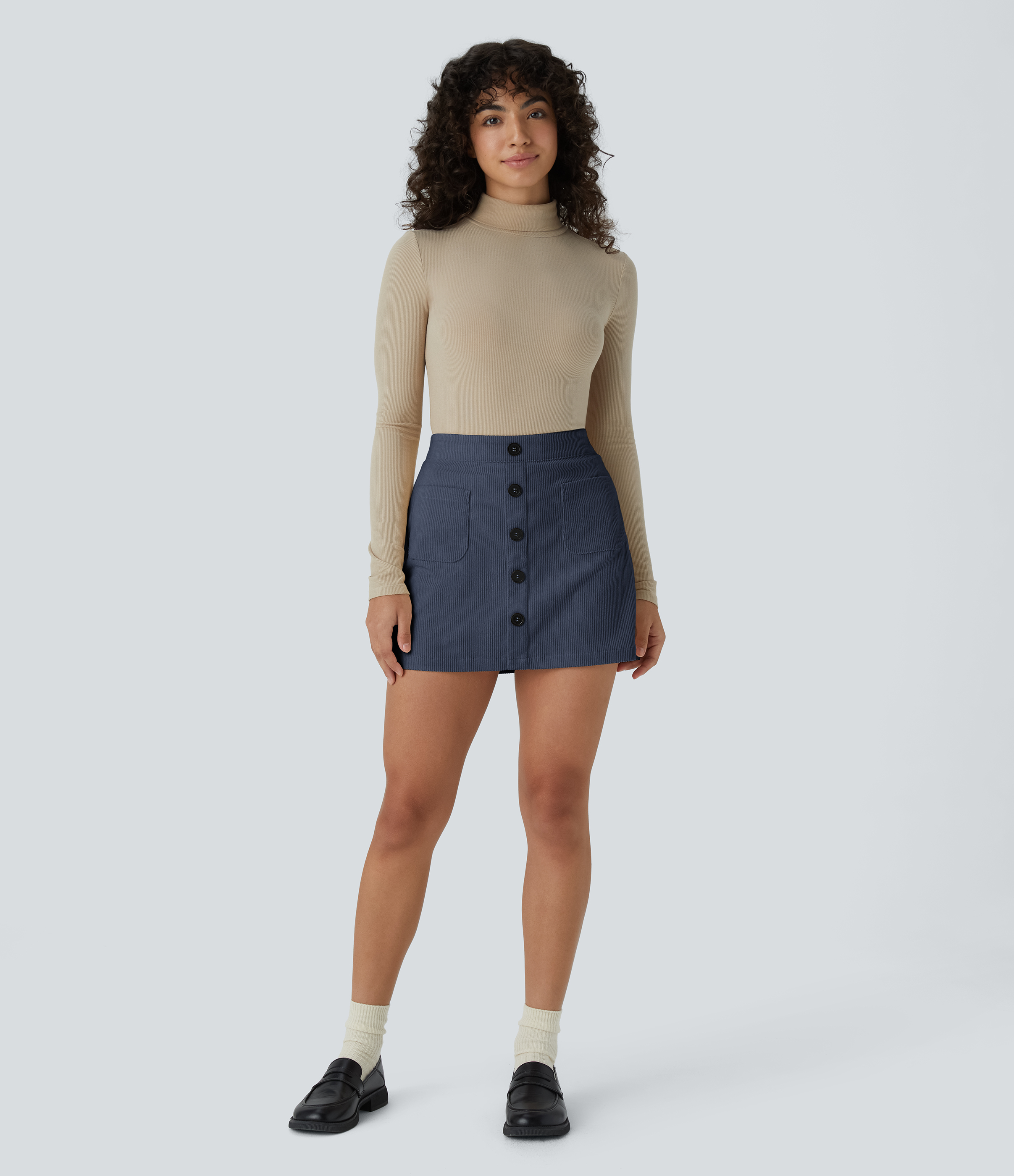 Halara High Waisted Button Front Side Pocket Zipper 2-in-1 Corduroy Mini Casual Skirt  - Foggy Blue - M(regular) 
