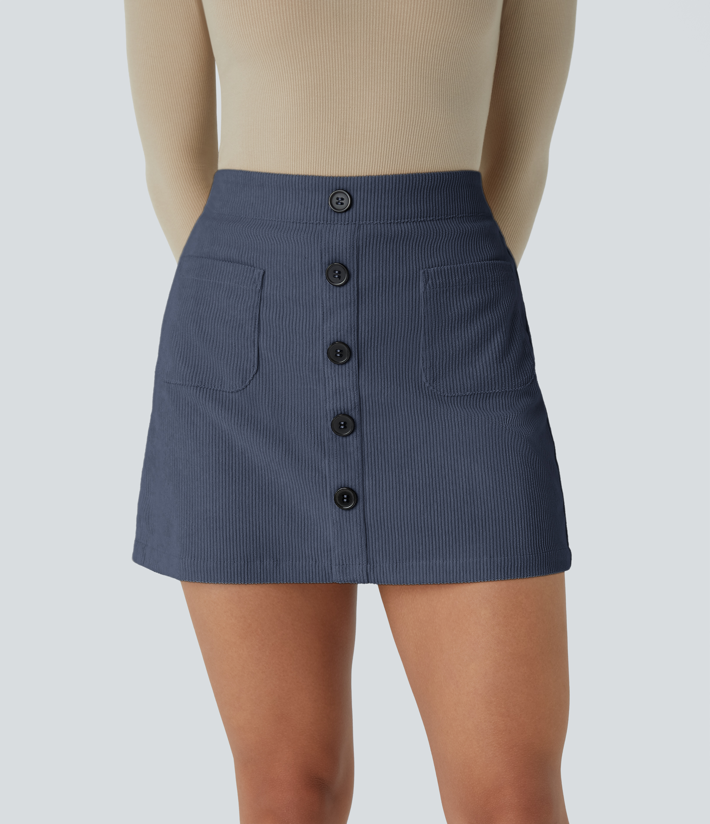 Halara High Waisted Button Front Side Pocket Zipper 2-in-1 Corduroy Mini Casual Skirt  - Foggy Blue - M(regular) 
