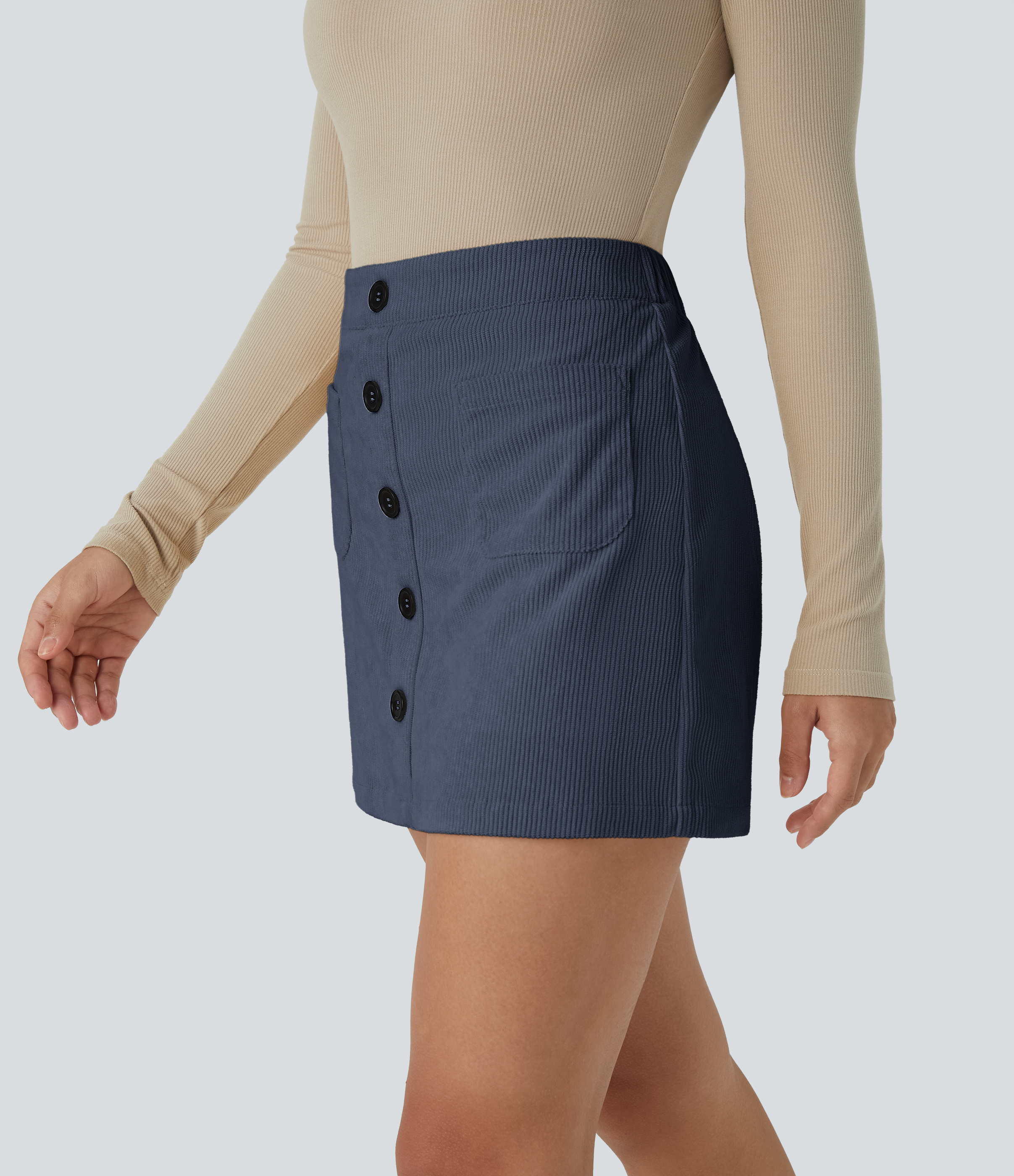 Halara High Waisted Button Front Side Pocket Zipper 2-in-1 Corduroy Mini Casual Skirt  - Foggy Blue - M(regular) 