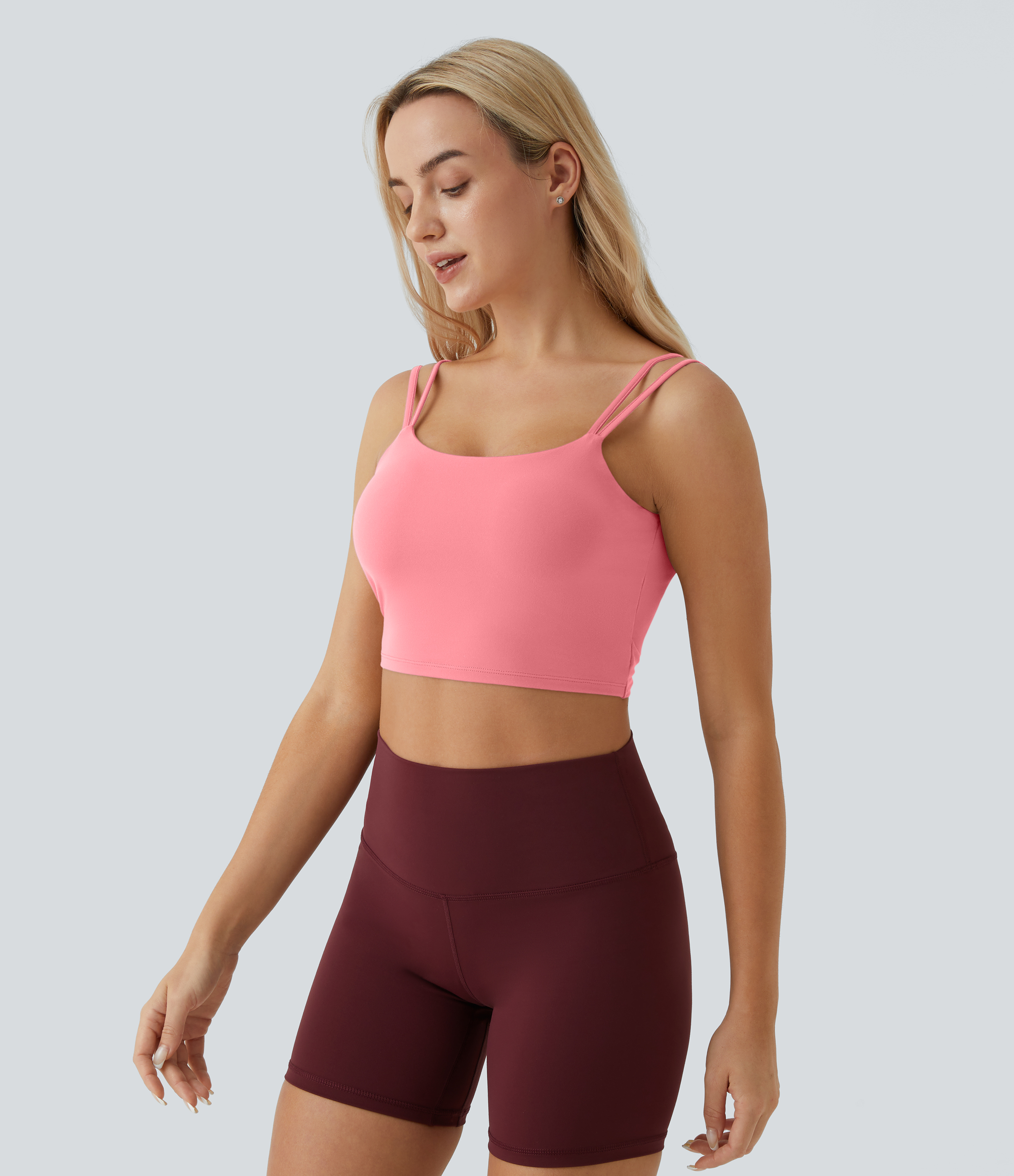 Halara In My Feels Double Straps Backless Twisted Cropped Yoga Tank Top Tank Top - Dreamy Peach Pink - S golf tops halter top tunic tops 