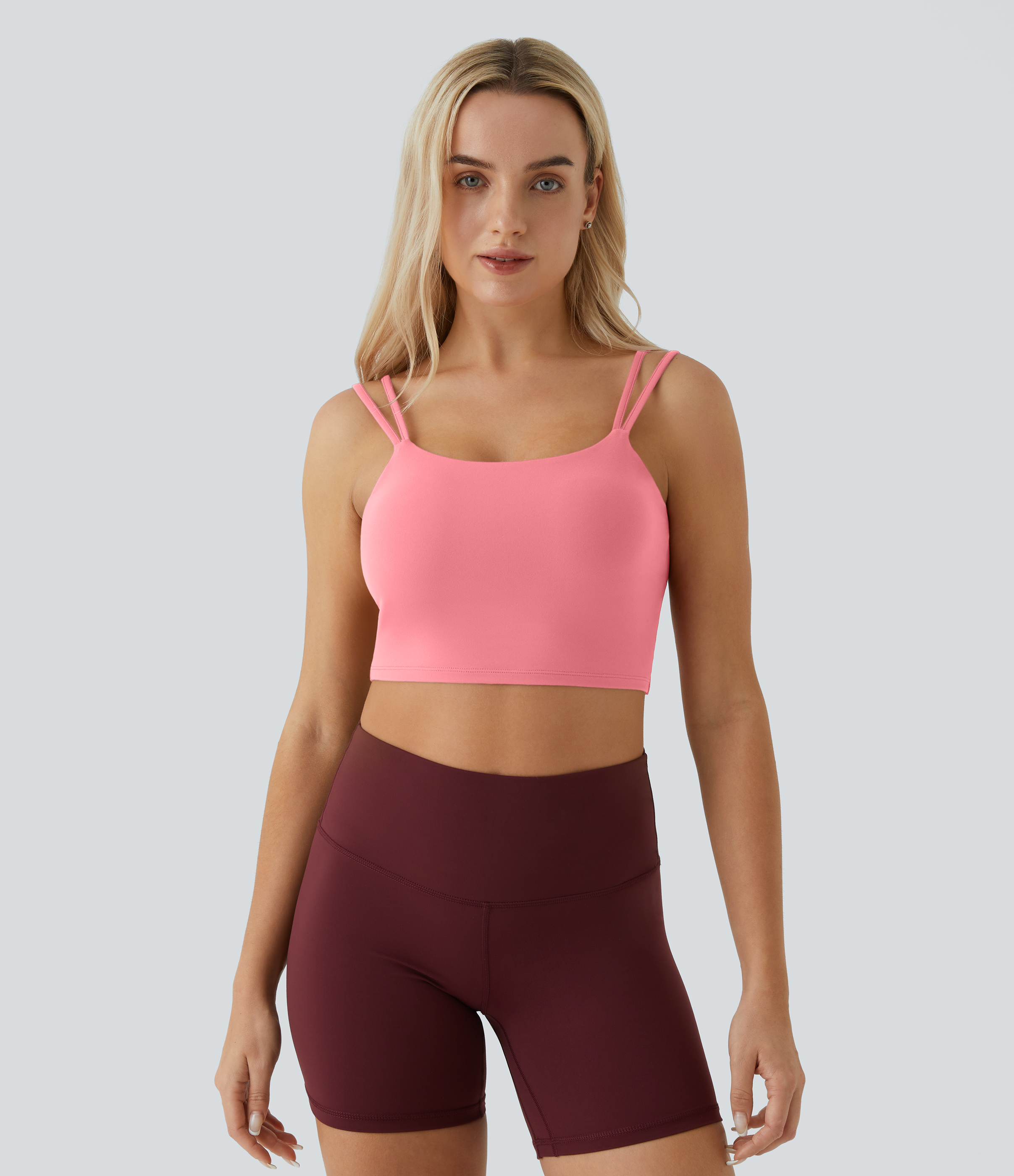 Halara In My Feels Double Straps Backless Twisted Cropped Yoga Tank Top Tank Top - Dreamy Peach Pink - S golf tops halter top tunic tops 