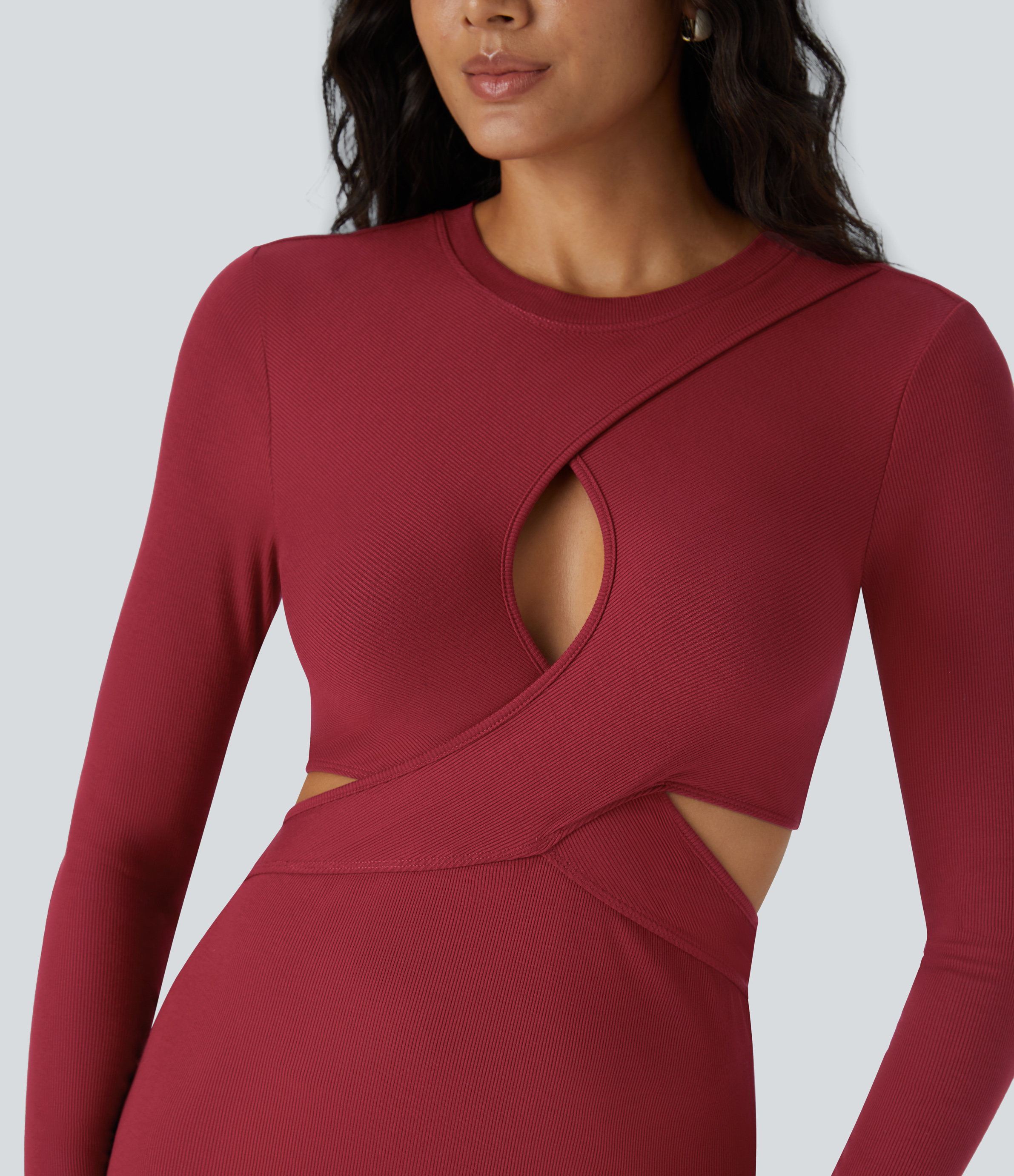 Halara Ribbed Crossover Cut out Long Sleeve Split Hem Bodycon Midi Party Dress Casual Dress - Scarlet Smile - XL slip dress beach dress 