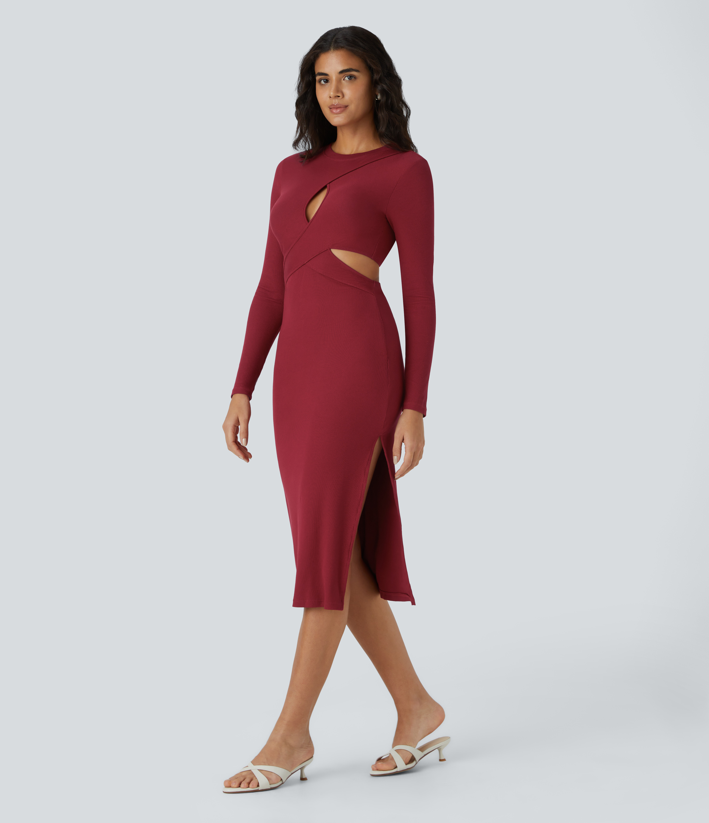 Halara Ribbed Crossover Cut out Long Sleeve Split Hem Bodycon Midi Party Dress Casual Dress - Scarlet Smile - XL slip dress beach dress 