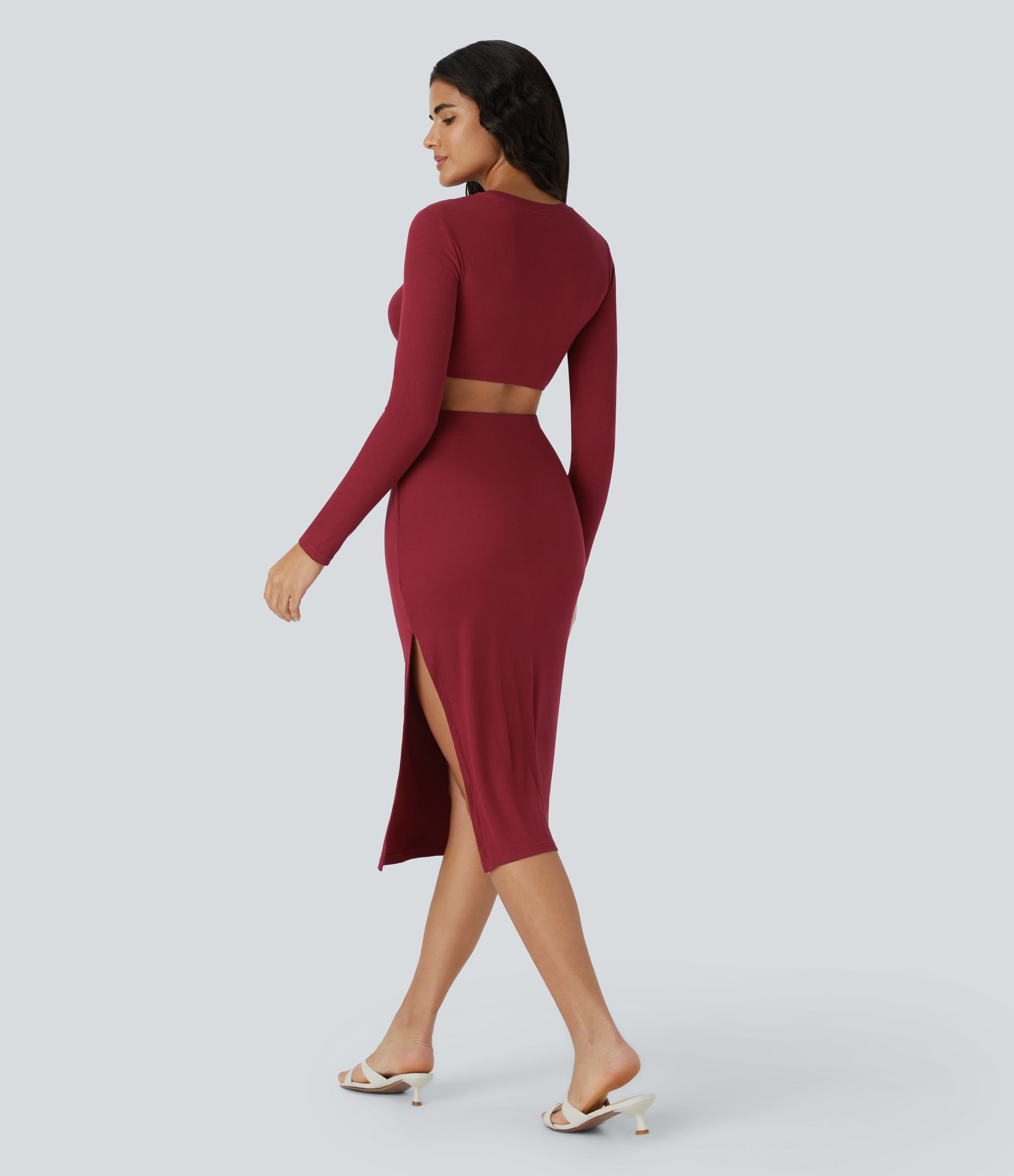 Halara Ribbed Crossover Cut out Long Sleeve Split Hem Bodycon Midi Party Dress Casual Dress - Scarlet Smile - XL slip dress beach dress 