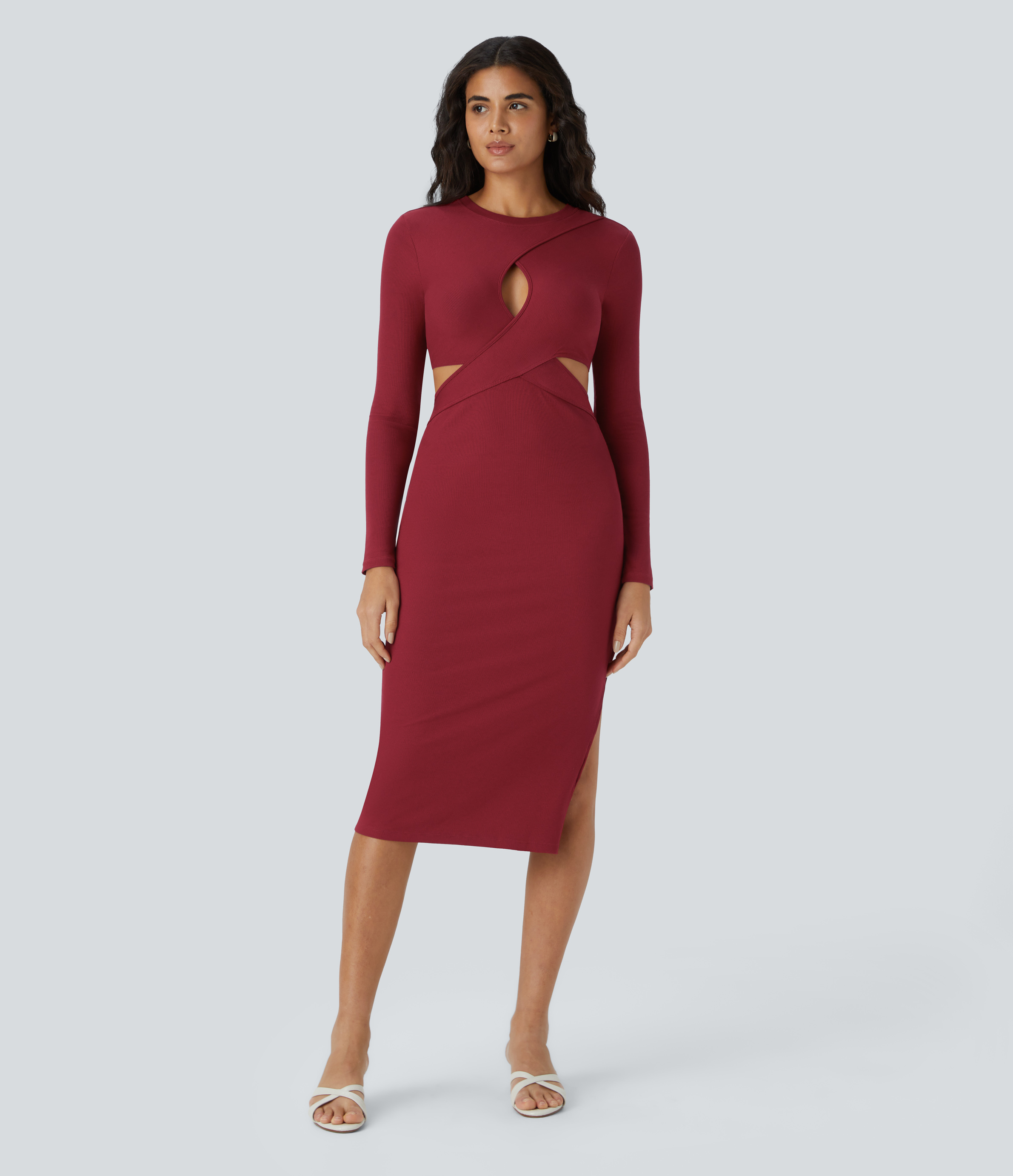 Halara Ribbed Crossover Cut out Long Sleeve Split Hem Bodycon Midi Party Dress Casual Dress - Scarlet Smile - XL slip dress beach dress 