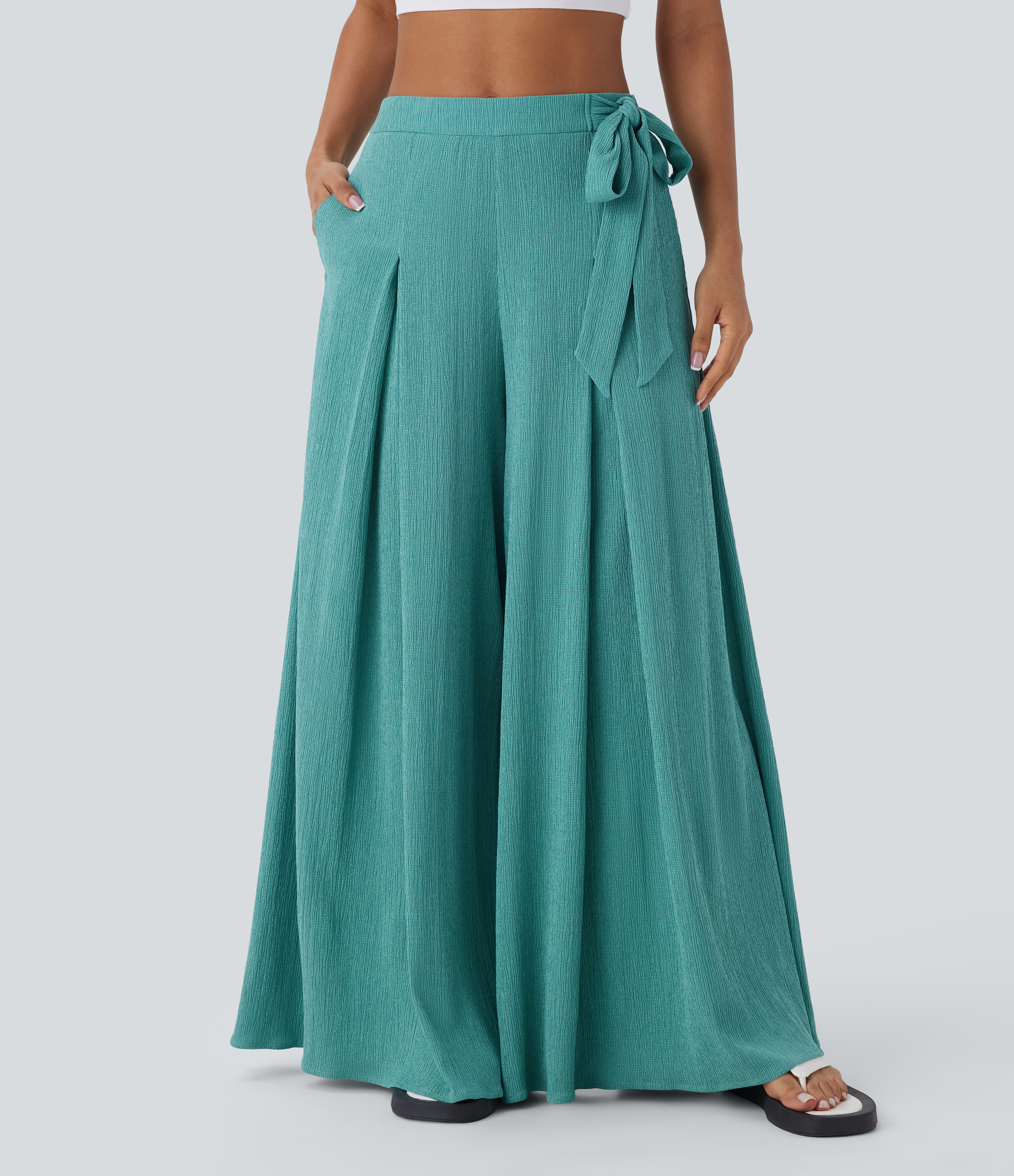 Halara High Waisted Tie Side Pocket Flowy Wide Leg Casual Pants  - Wasabi - S(regular) sweatpants jogger pants stacked sweatpants 