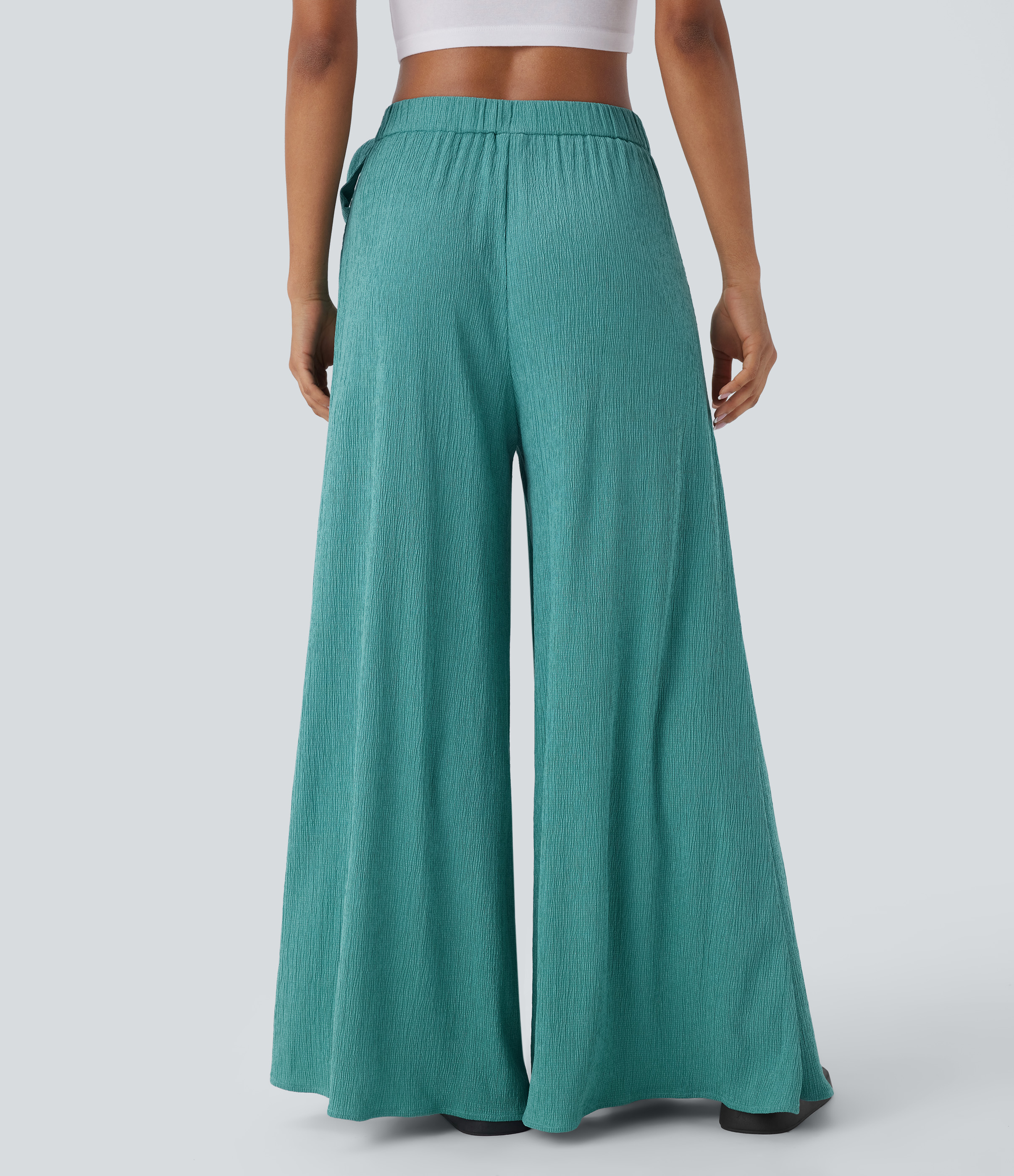 Halara High Waisted Tie Side Pocket Flowy Wide Leg Casual Pants  - Wasabi - S(regular) sweatpants jogger pants stacked sweatpants 