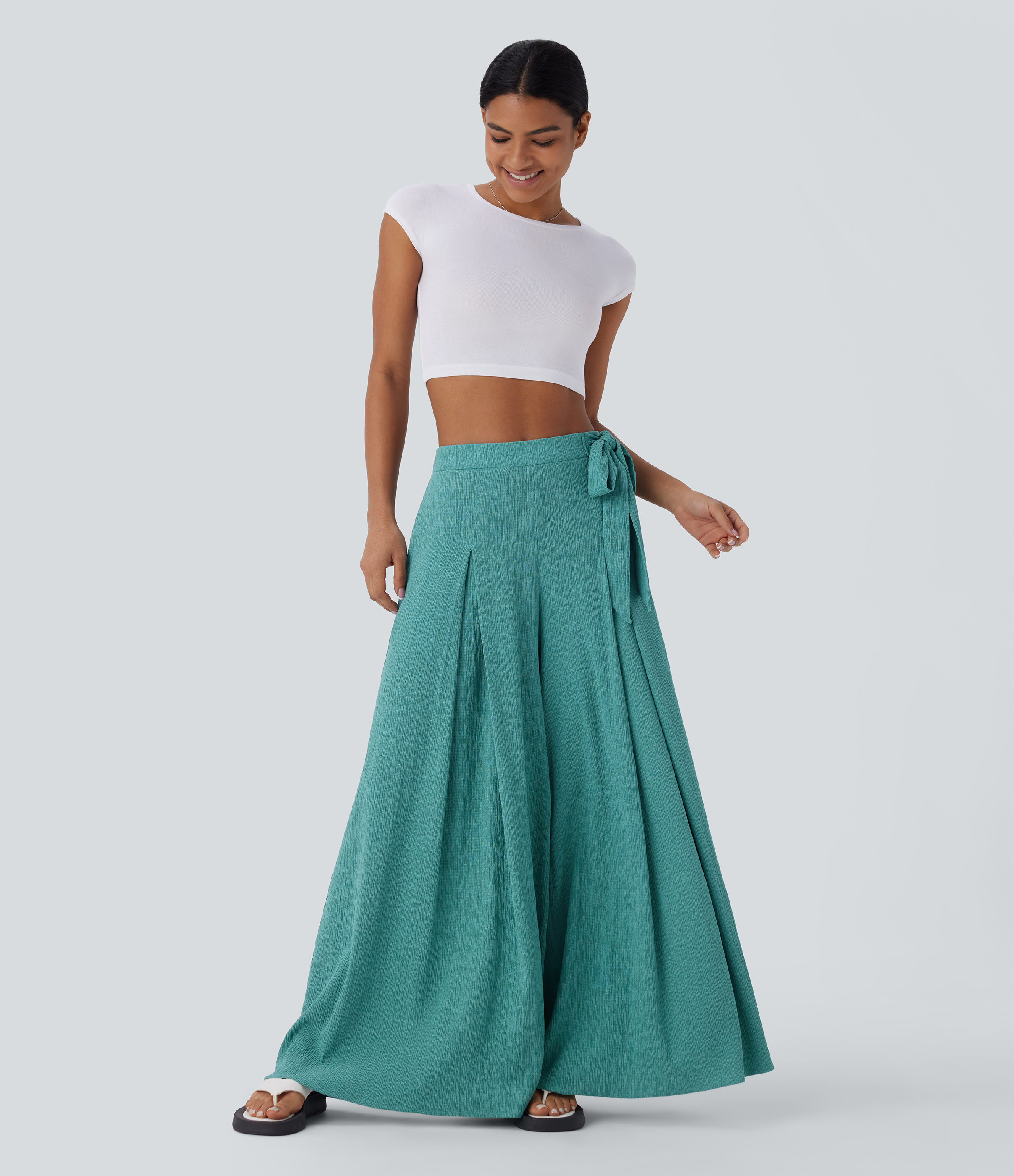 Halara High Waisted Tie Side Pocket Flowy Wide Leg Casual Pants  - Wasabi - S(regular) sweatpants jogger pants stacked sweatpants 