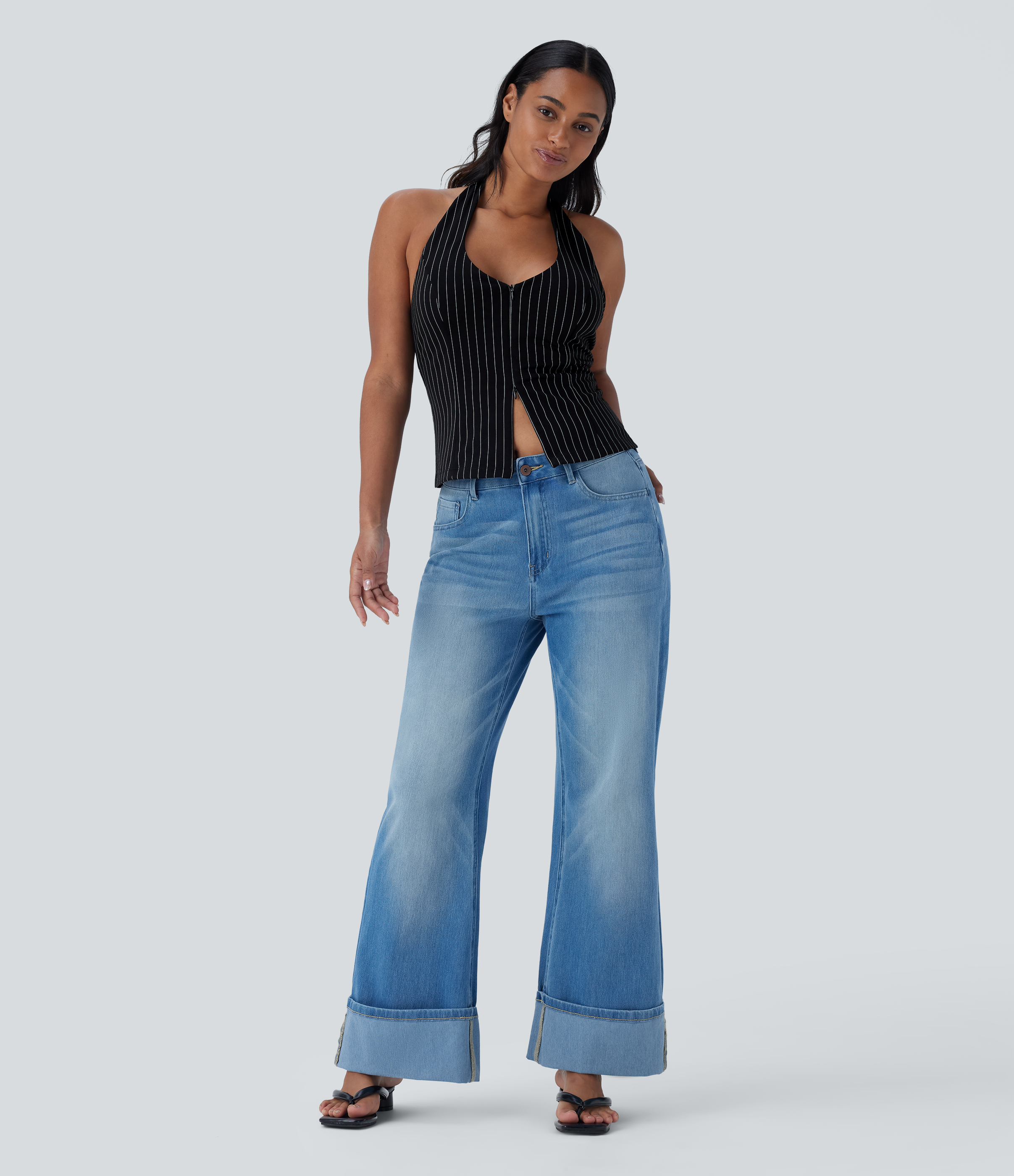 Halara Halter Backless 2-Way Zipper Stripe Casual Top Tank Top - Black White Pinstripe - M golf tops halter top tunic tops sleeveless tops 