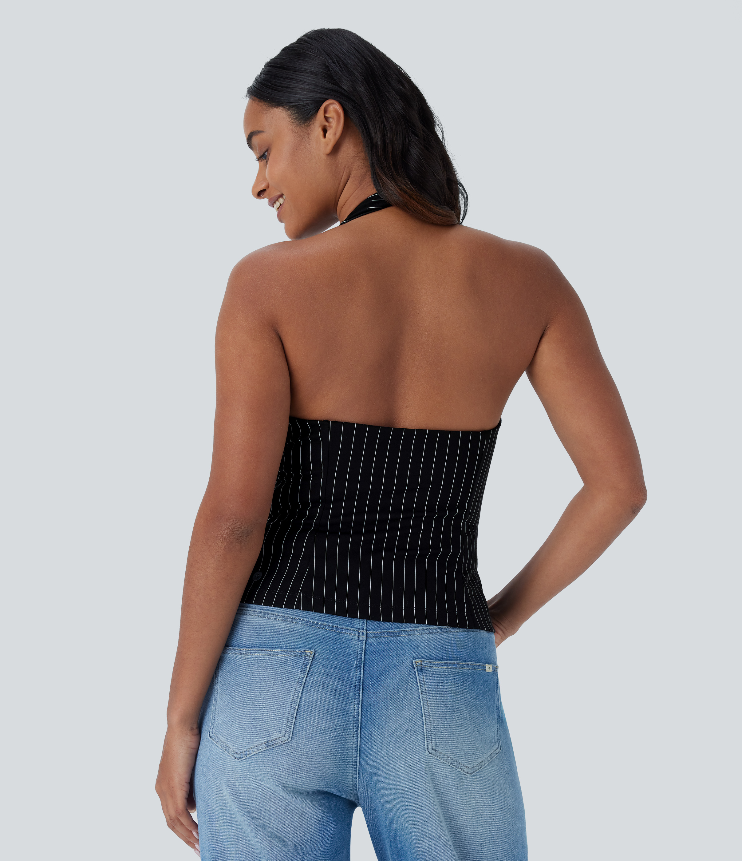 Halara Halter Backless 2-Way Zipper Stripe Casual Top Tank Top - Black White Pinstripe - M golf tops halter top tunic tops sleeveless tops 
