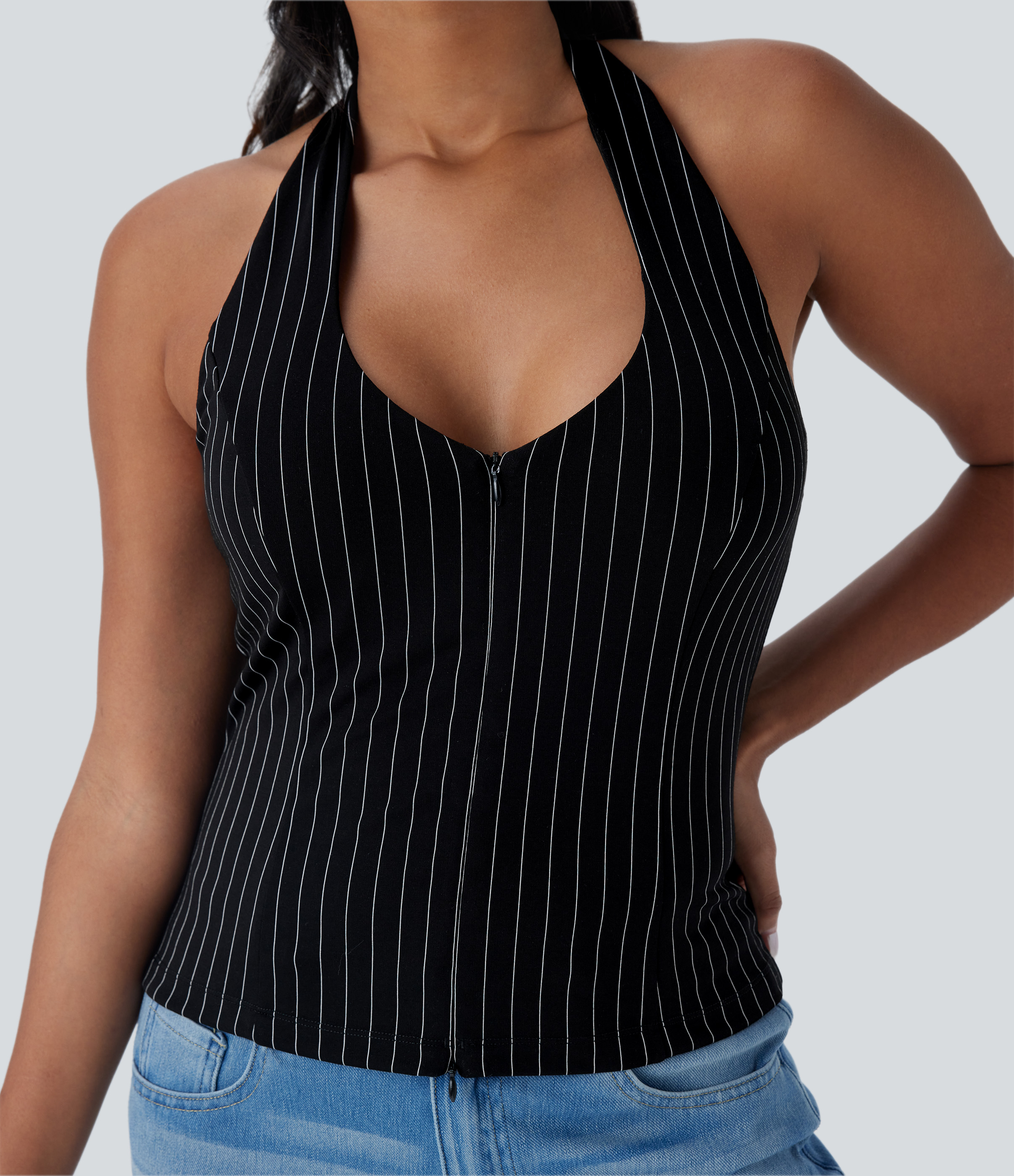 Halara Halter Backless 2-Way Zipper Stripe Casual Top Tank Top - Black White Pinstripe - M golf tops halter top tunic tops sleeveless tops 