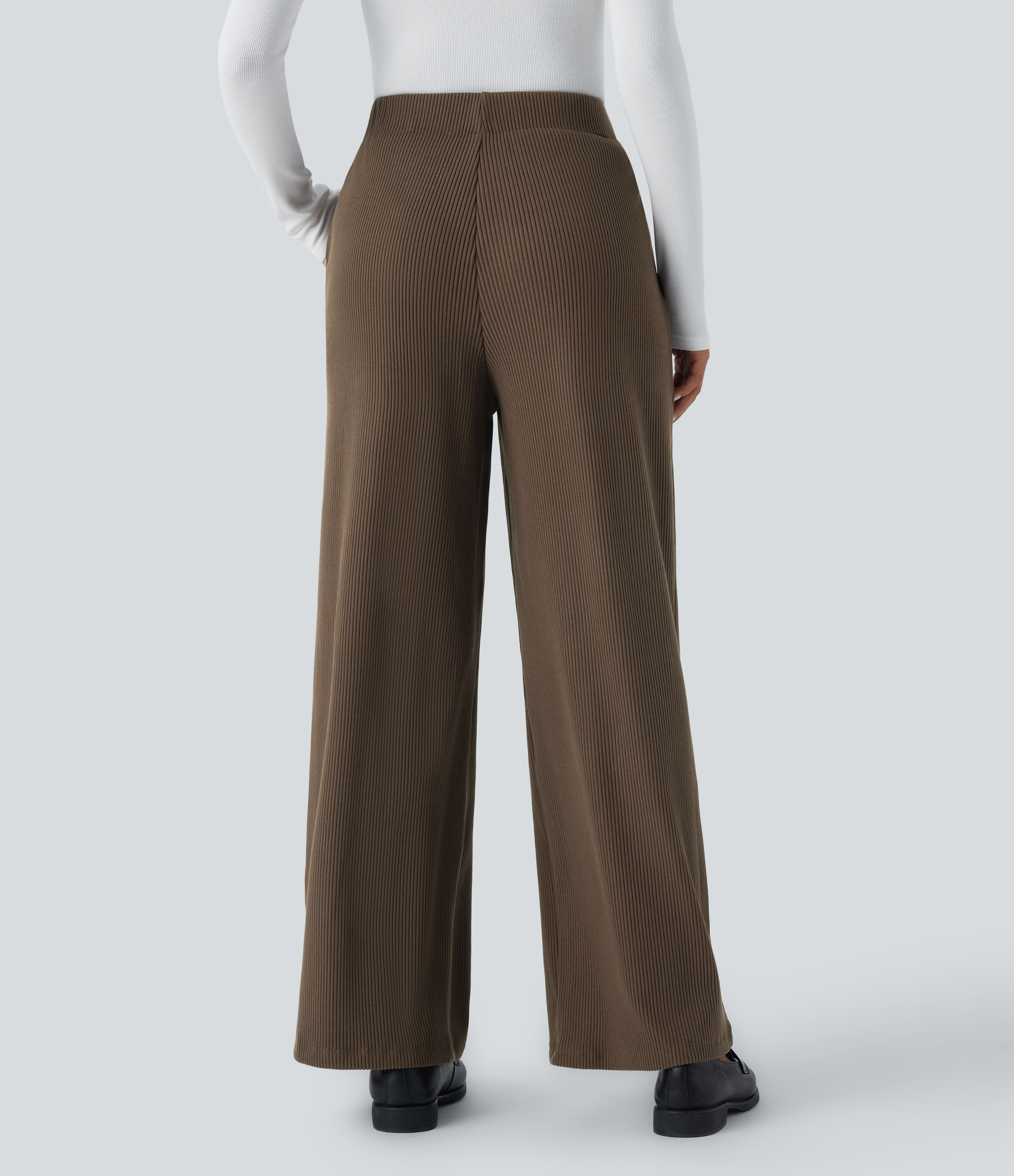 Halara Ribbed Knit High Waisted Plicated Side Pocket Wide Leg Casual Pants  - Thick Earthy Brown - L(regular) sweatpants jogger pants 
