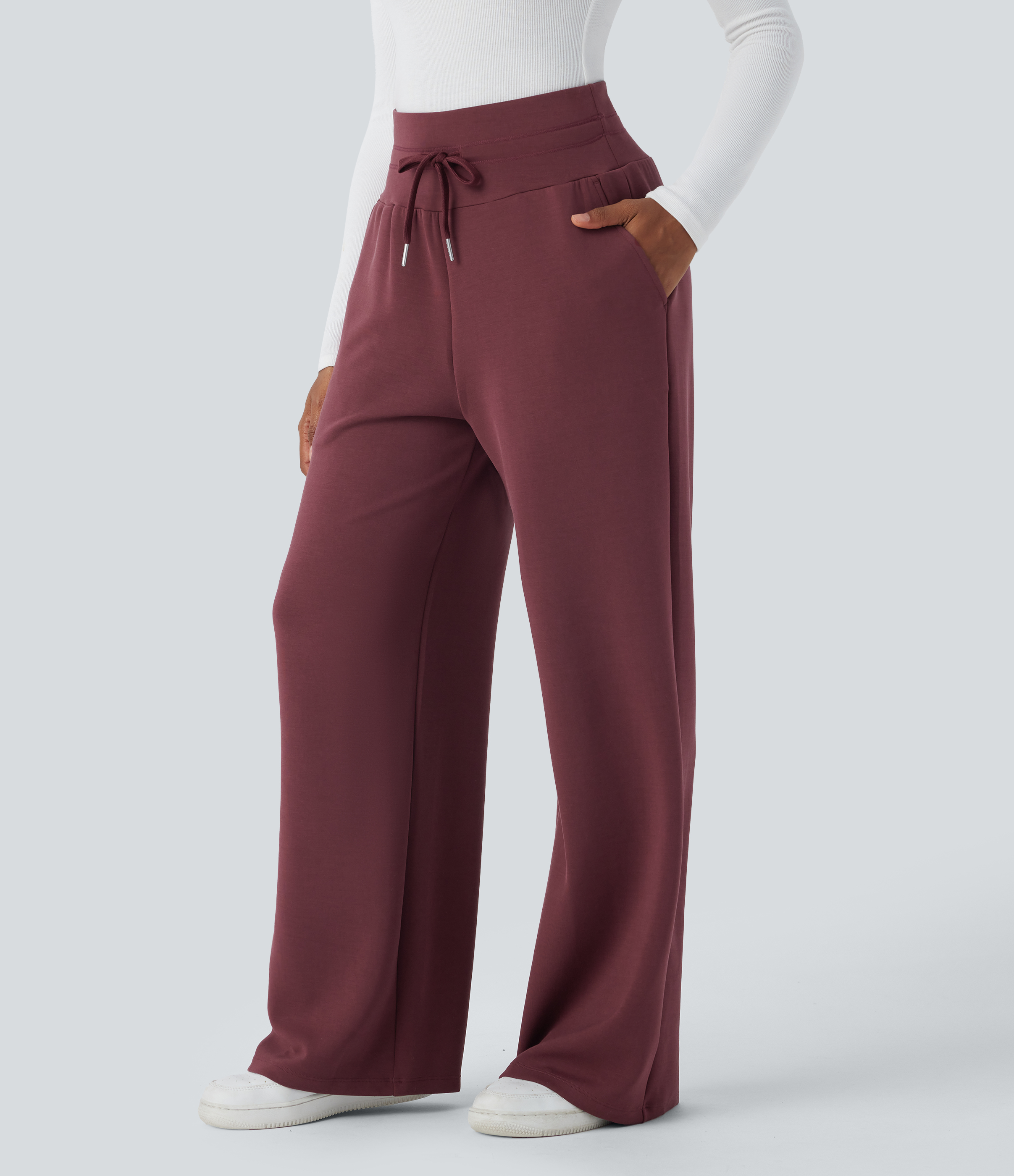 Halara High Waisted Drawstring Side Pocket Wide Leg Casual Pants  - Oxblood Red - L(regular) sweatpants jogger pants stacked sweatpants 