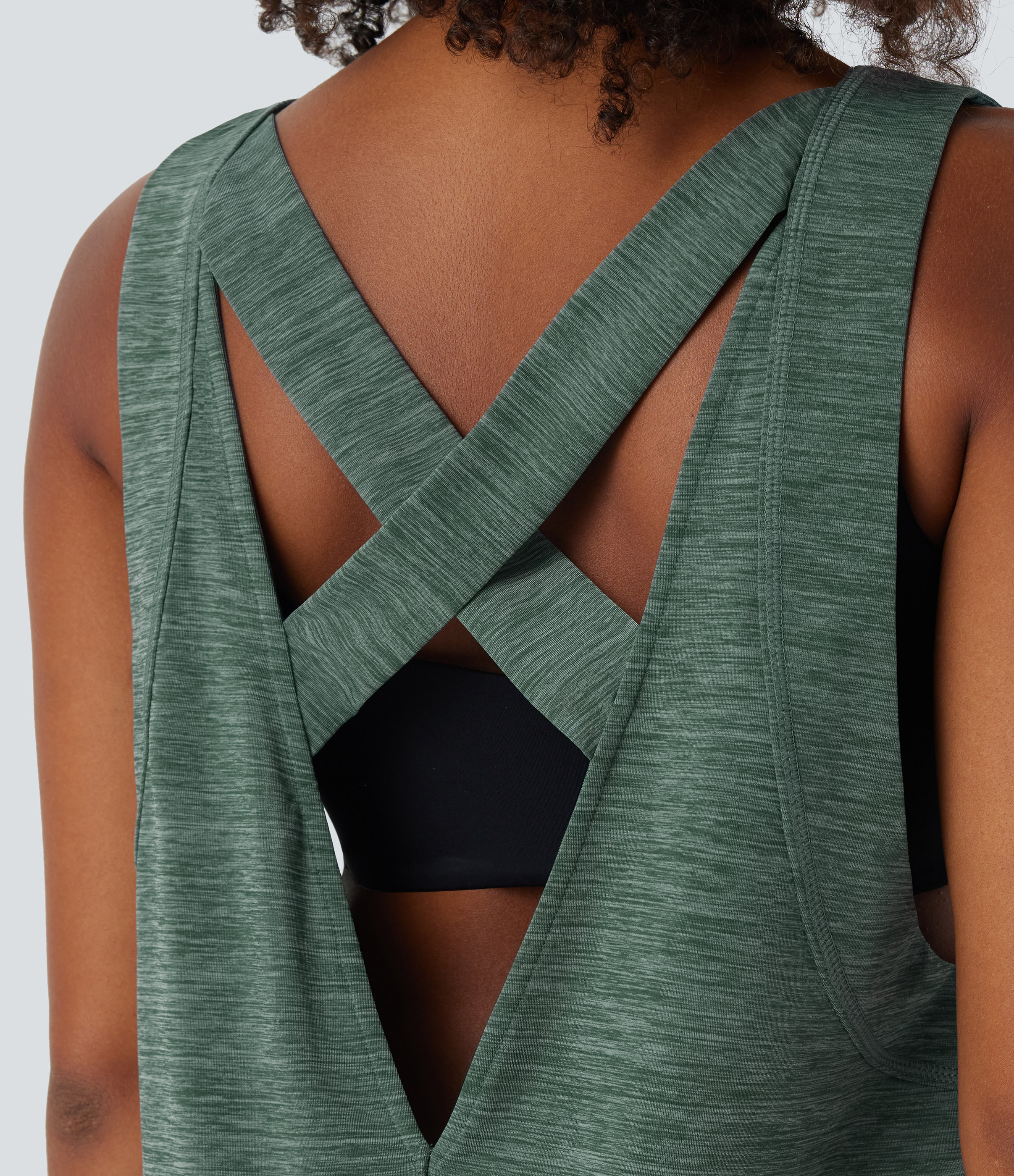 Halara Round Neck Backless Crisscross Side Split Running Tank Top Tank Top - Green Texture - S golf tops halter top tunic tops 