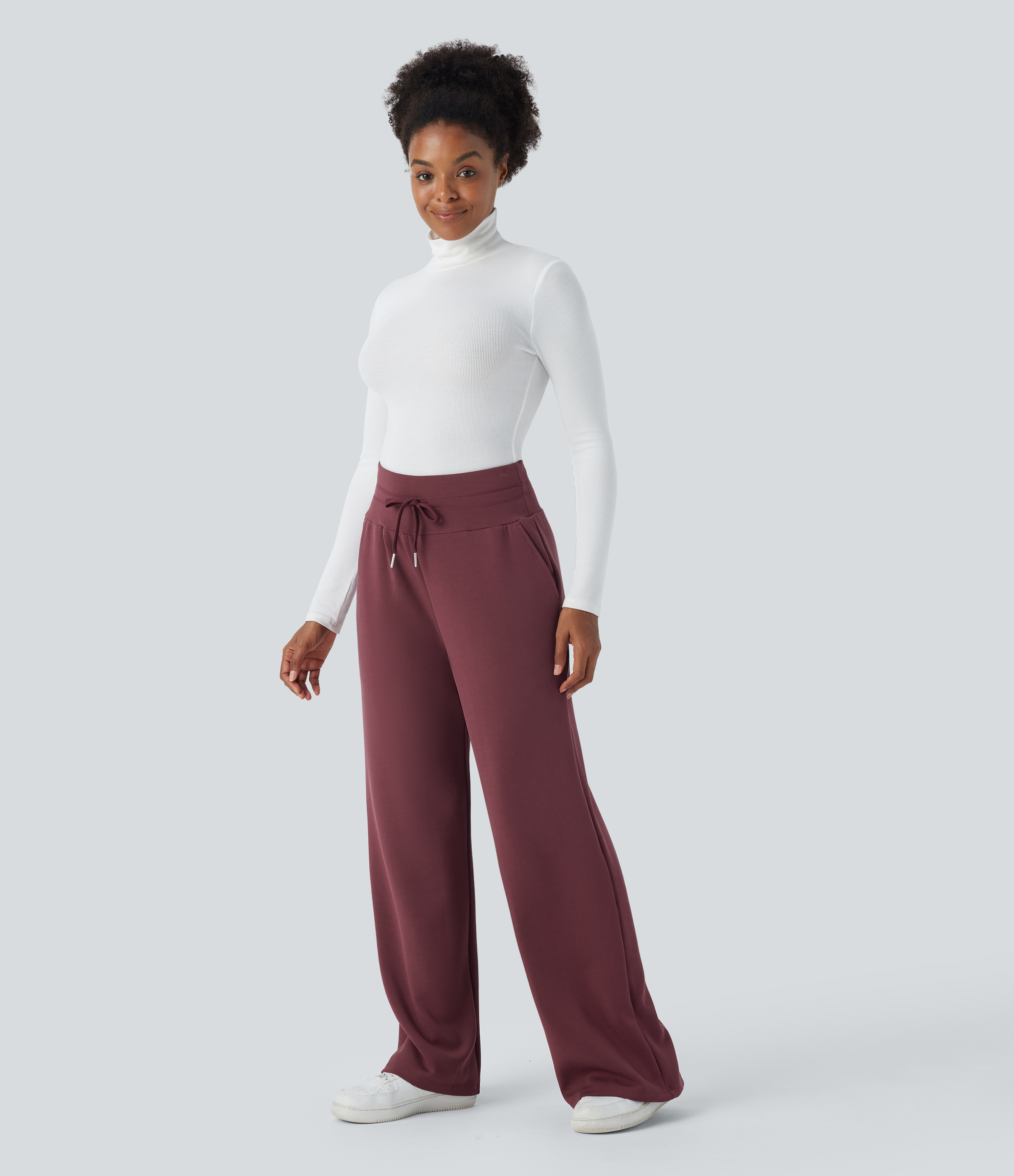 Halara High Waisted Drawstring Side Pocket Wide Leg Casual Pants  - Oxblood Red - L(regular) sweatpants jogger pants stacked sweatpants 