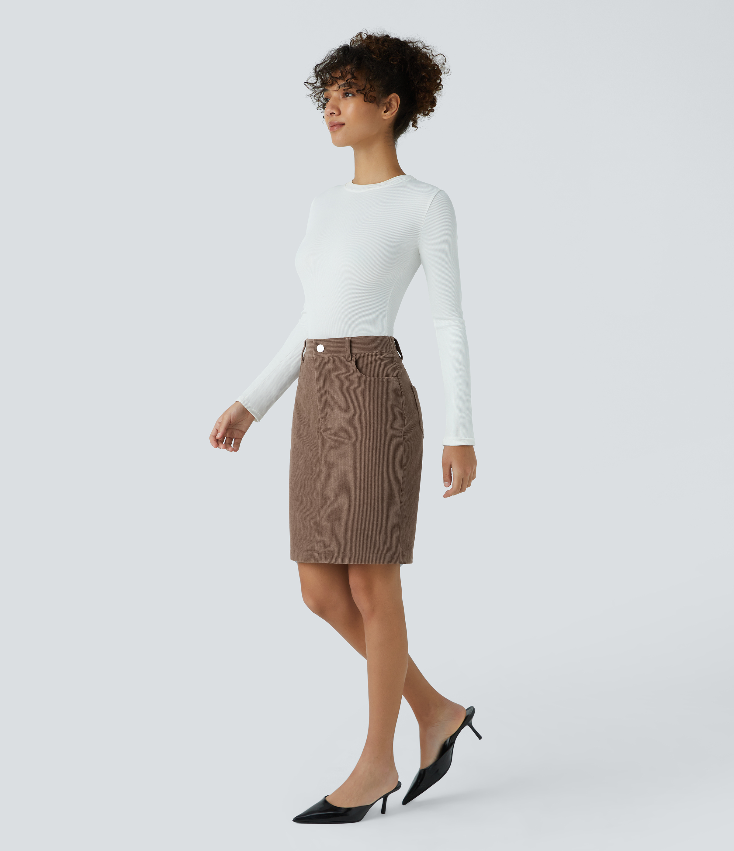 Halara High Waisted Multiple Pockets Split Hem Corduroy Casual Bodycon Skirt  - Cocoa Brown - XS(regular) 