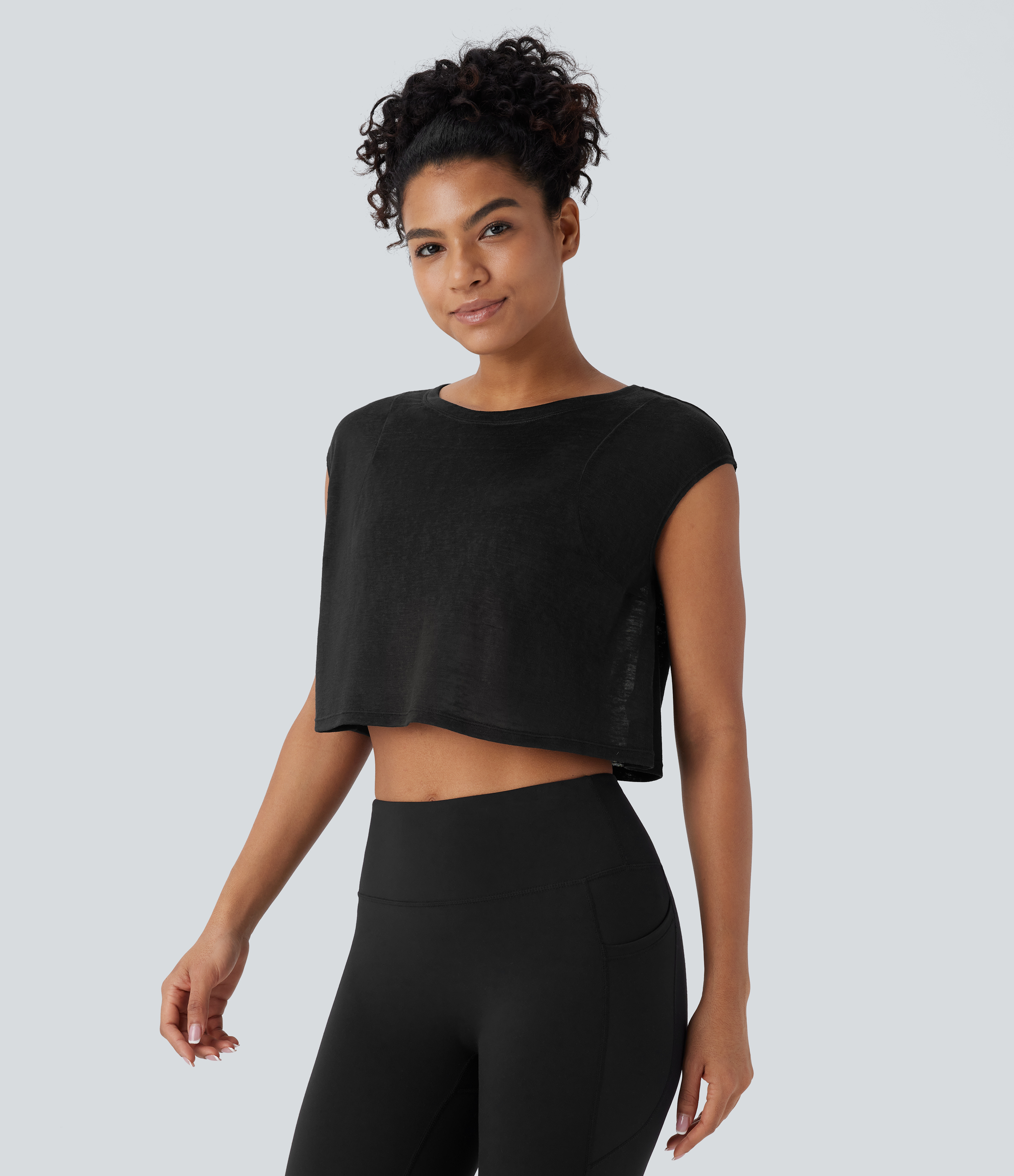 Halara Round Neck Cap Sleeve Cropped Yoga Sports Top  - Black - XL 