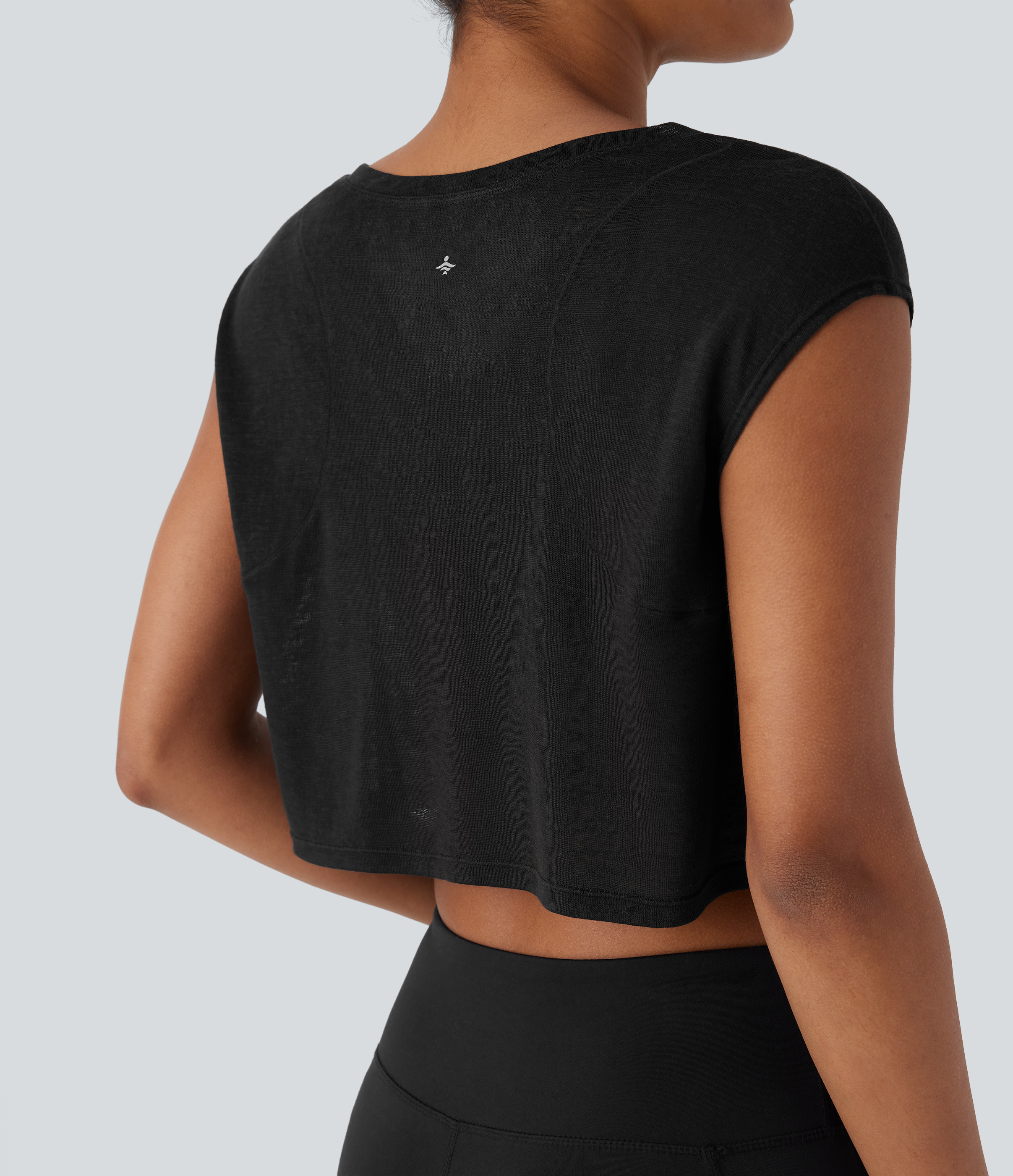 Halara Round Neck Cap Sleeve Cropped Yoga Sports Top  - Black - XL 