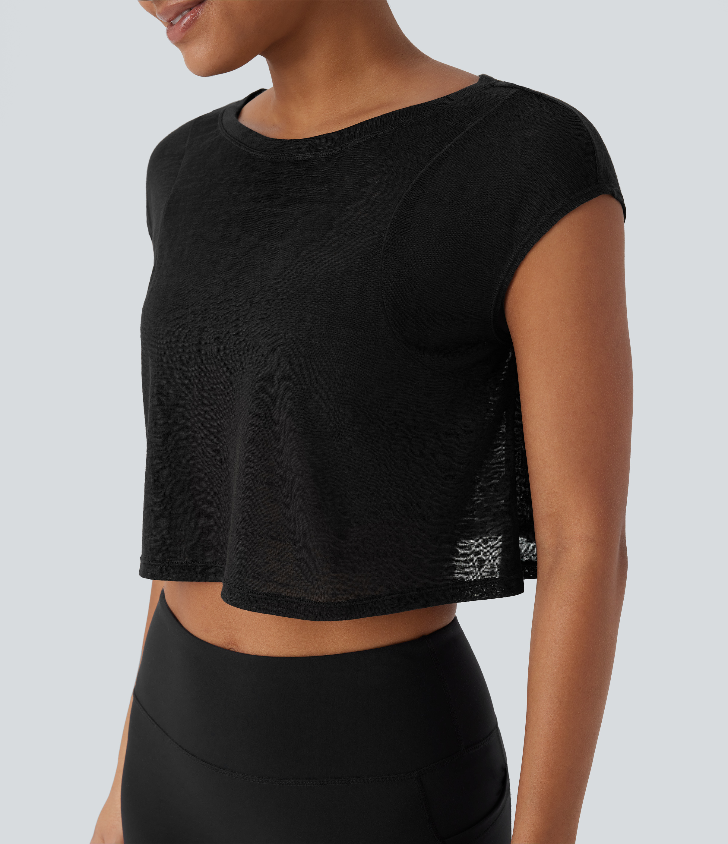 Halara Round Neck Cap Sleeve Cropped Yoga Sports Top  - Black - XL 
