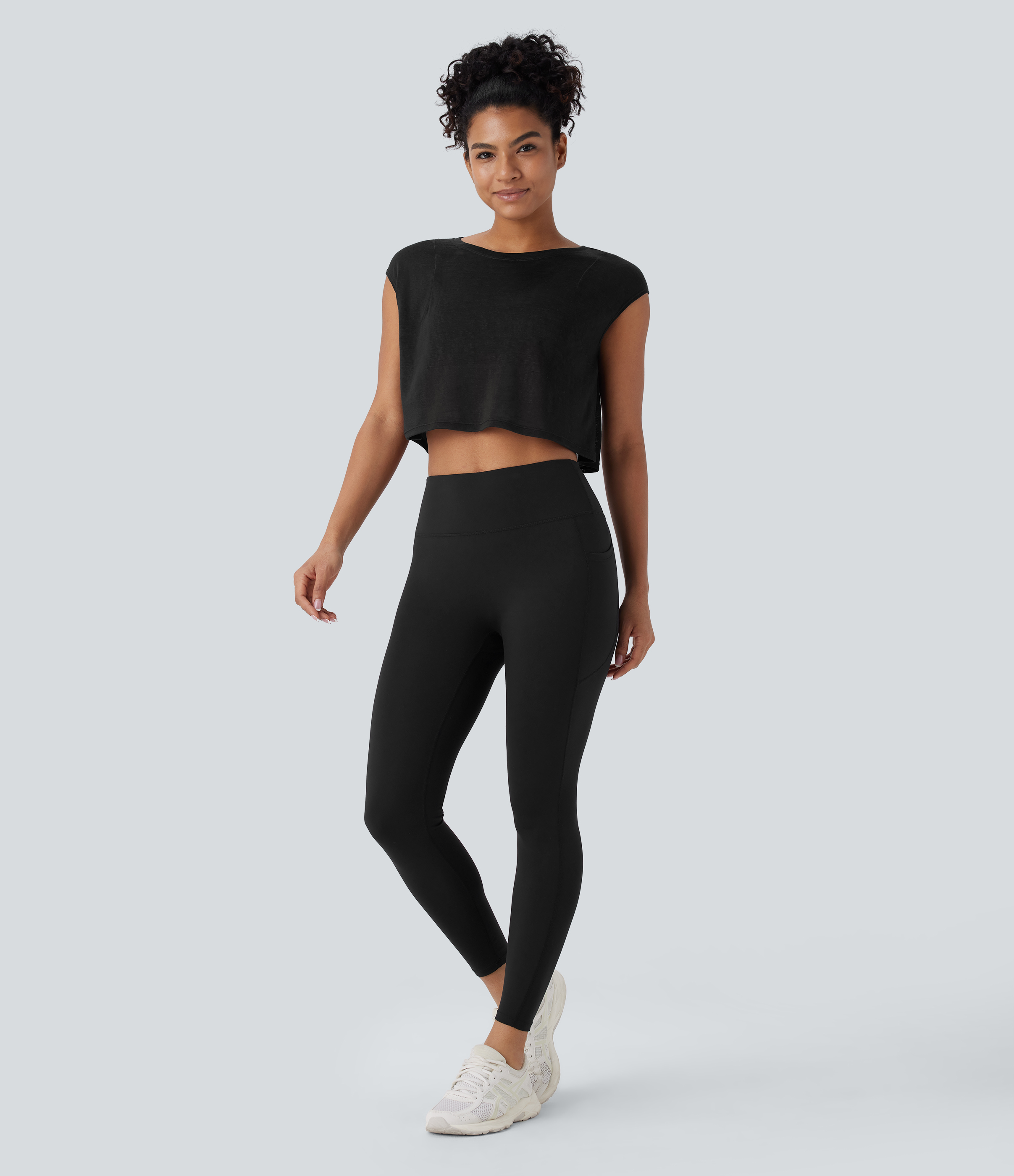 Halara Round Neck Cap Sleeve Cropped Yoga Sports Top  - Black - XL 