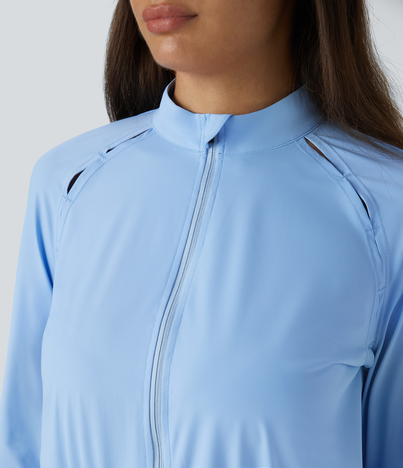 Halara Stand Collar Zipper Thumb Hole Cut Out Cool Touch Yoga Jacket  - Dutch Canal - L 