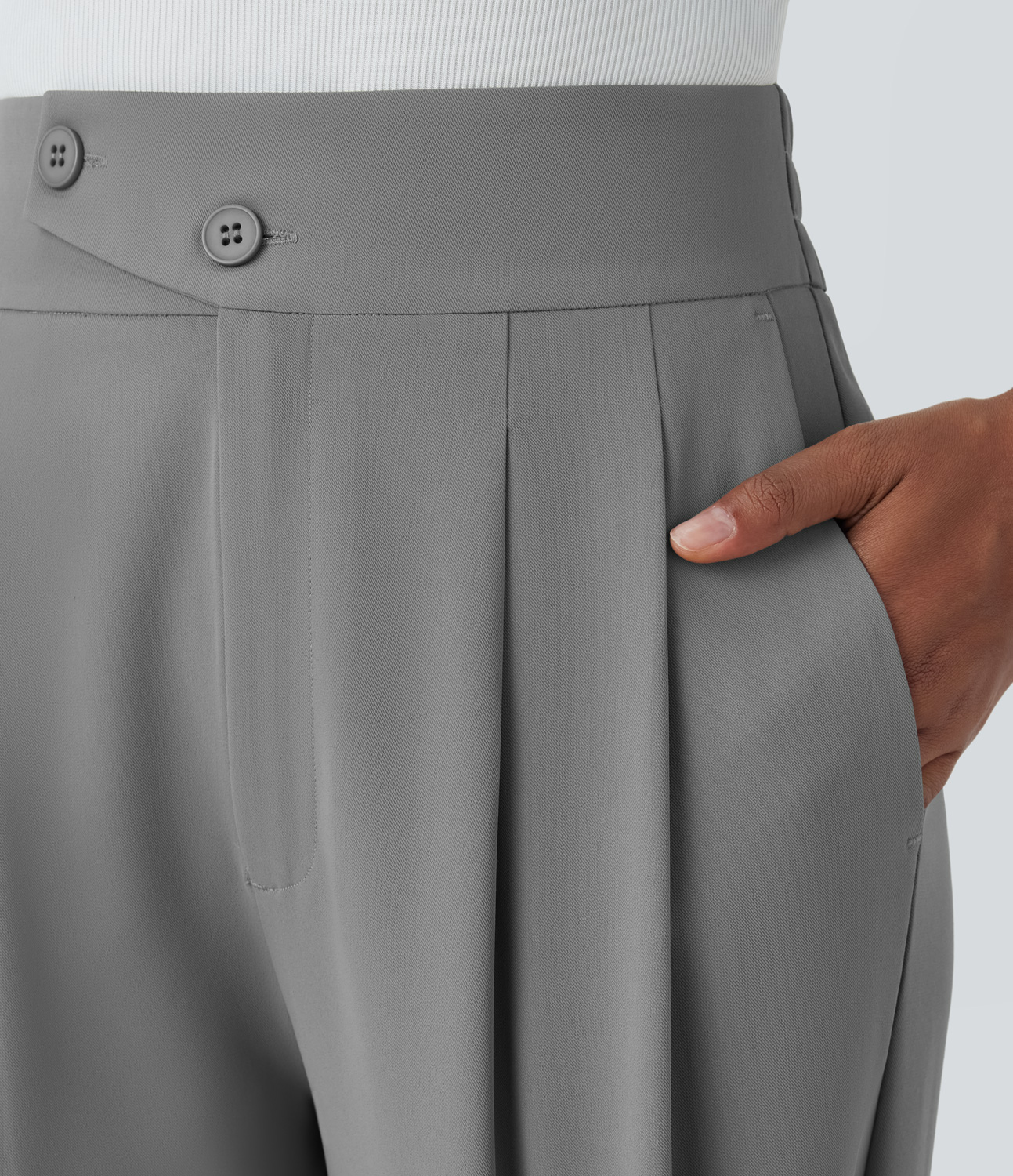 Halara High Waisted Button Zipper Plicated Side Pocket Relaxed Fit Straight Leg Work Pants  - Mockingbird - M(regular) sweatpants 