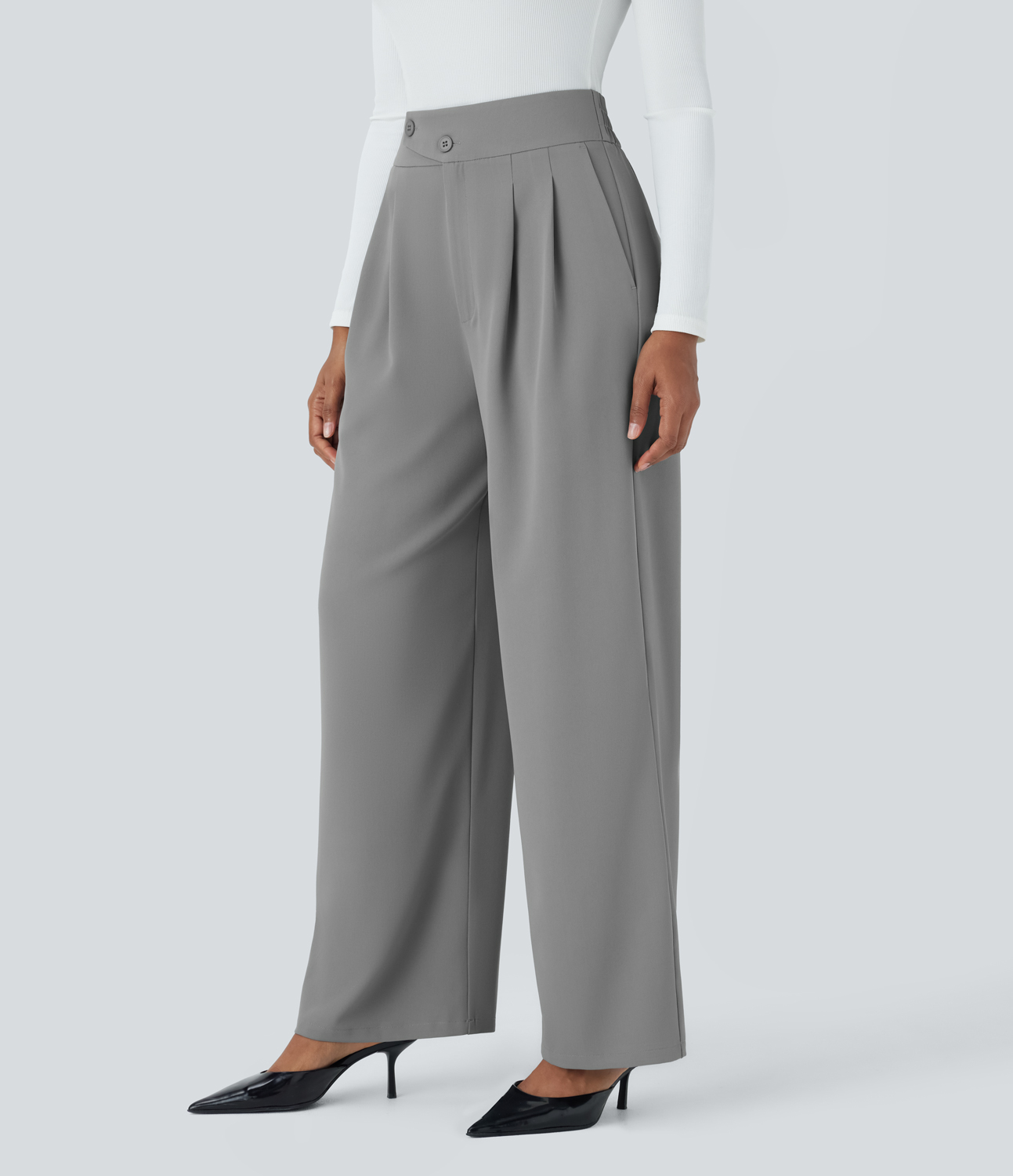 Halara High Waisted Button Zipper Plicated Side Pocket Relaxed Fit Straight Leg Work Pants  - Mockingbird - M(regular) sweatpants 