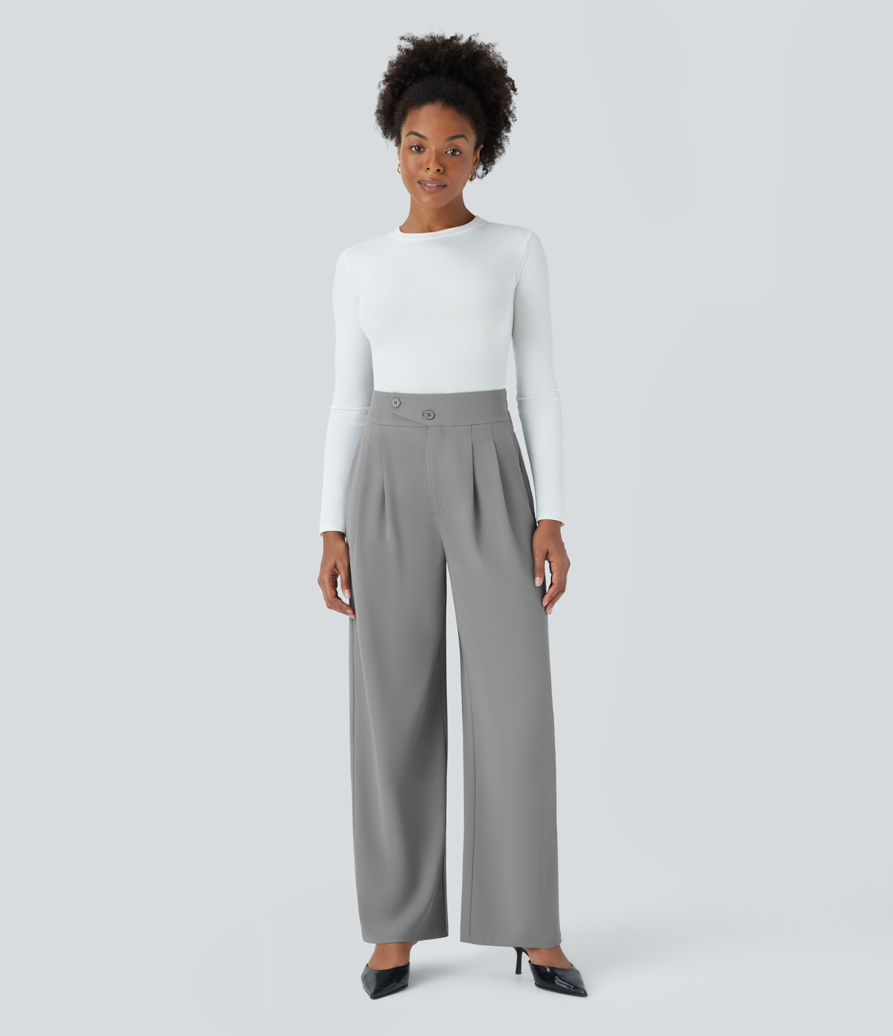 Halara High Waisted Button Zipper Plicated Side Pocket Relaxed Fit Straight Leg Work Pants  - Mockingbird - M(regular) sweatpants 