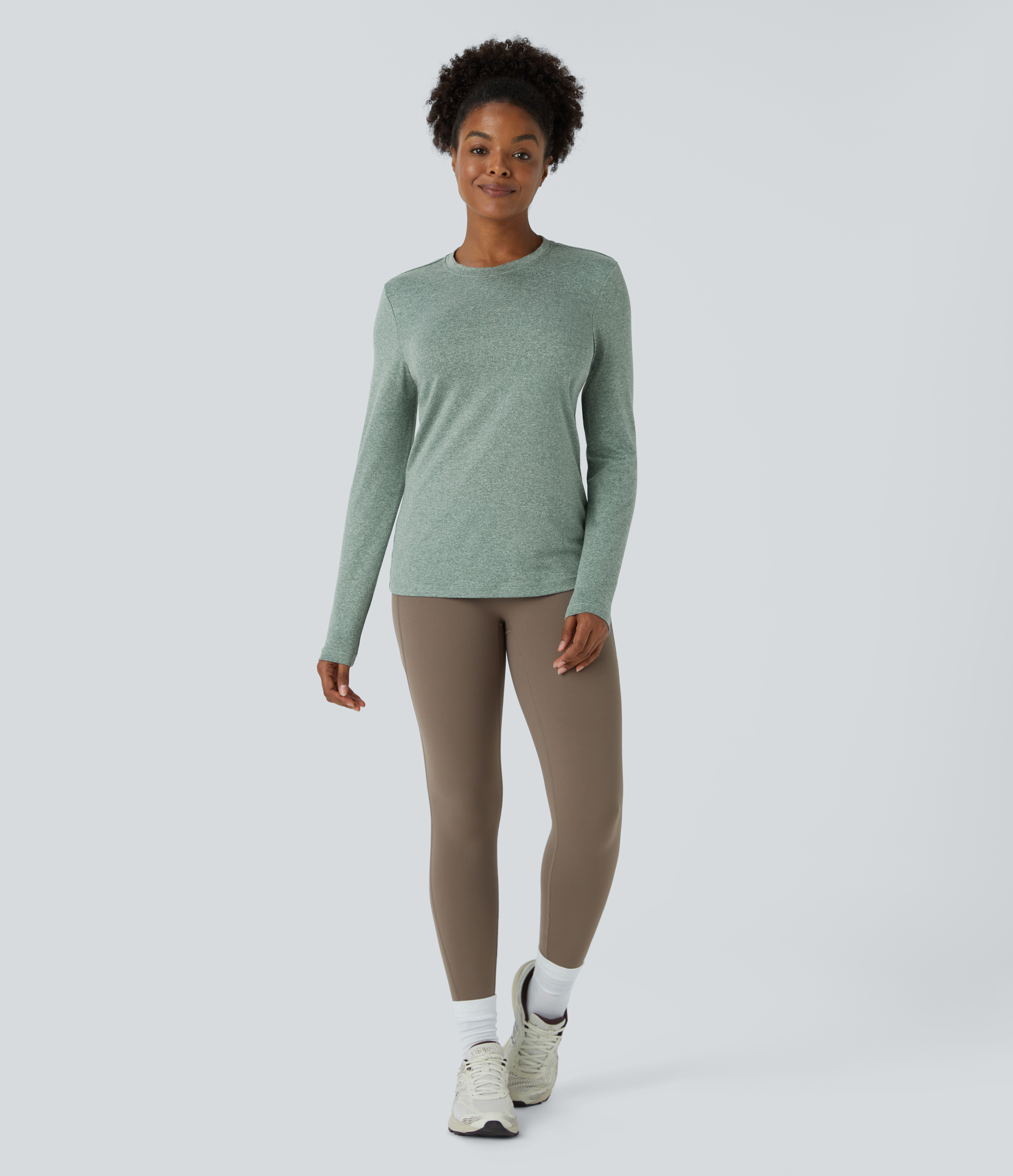 Halara Round Neck Long Sleeve Hiking Sports Top  - Mottled Pine Green - XS 