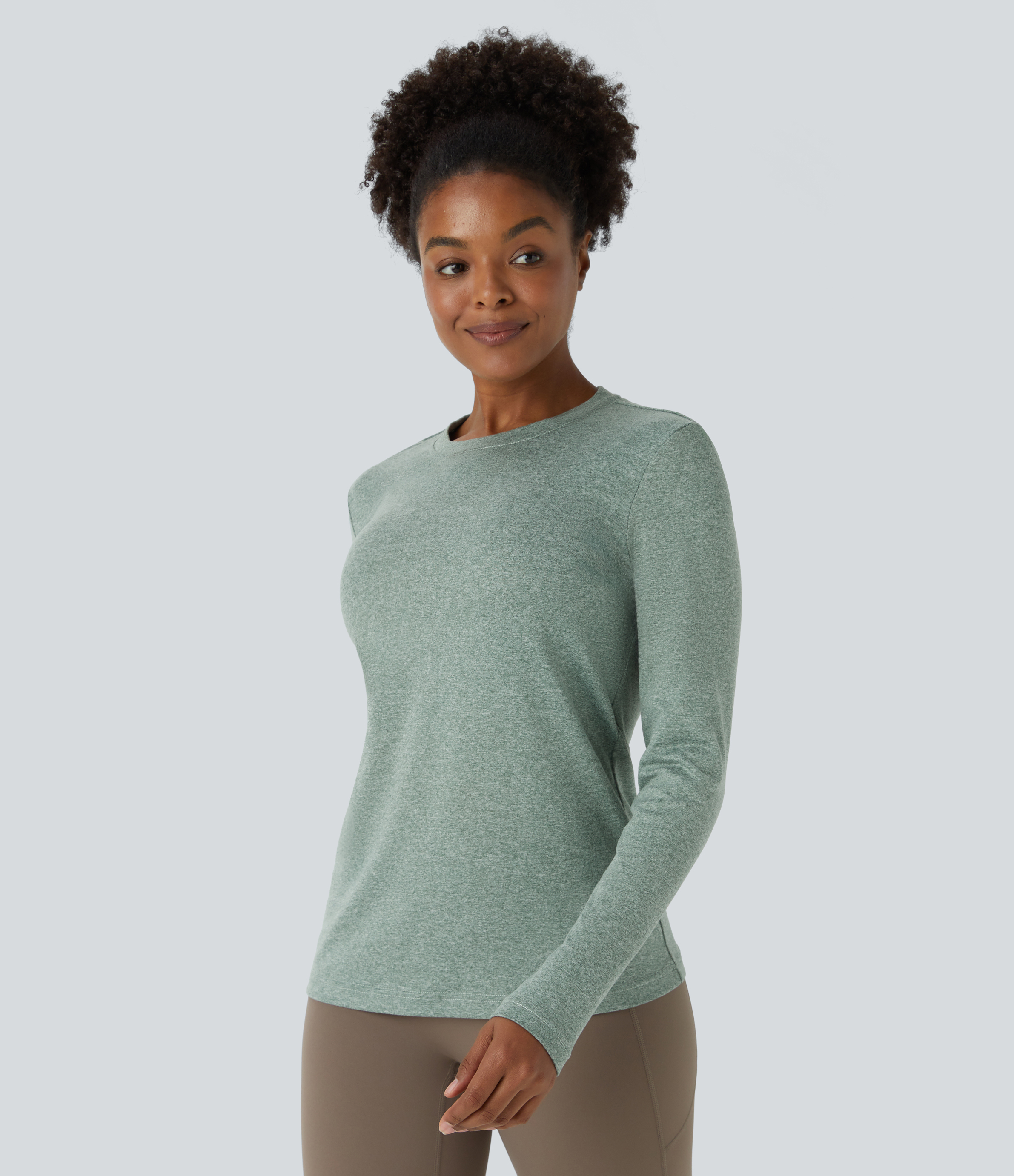 Halara Round Neck Long Sleeve Hiking Sports Top  - Mottled Pine Green - XS 