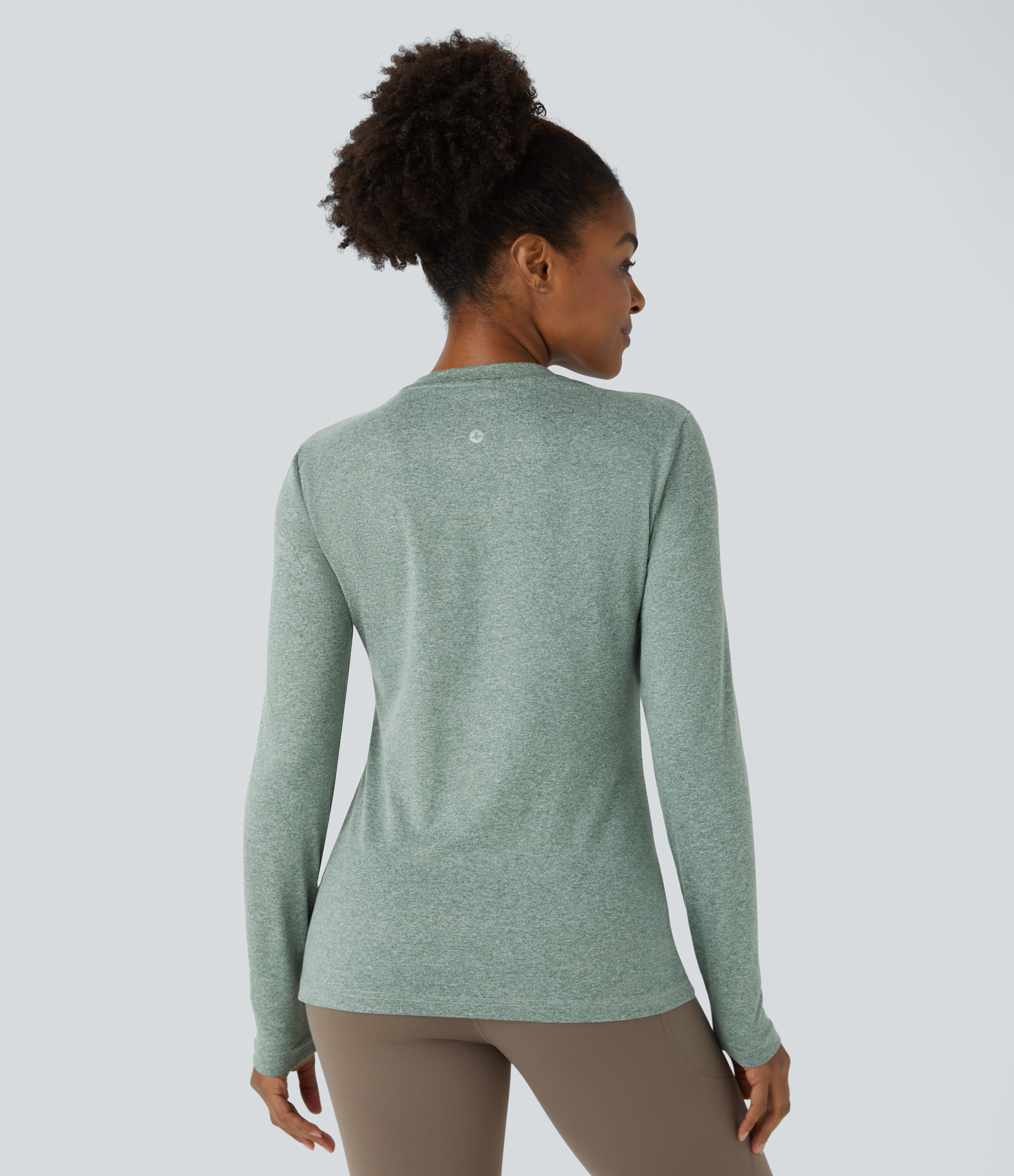 Halara Round Neck Long Sleeve Hiking Sports Top  - Mottled Pine Green - XS 